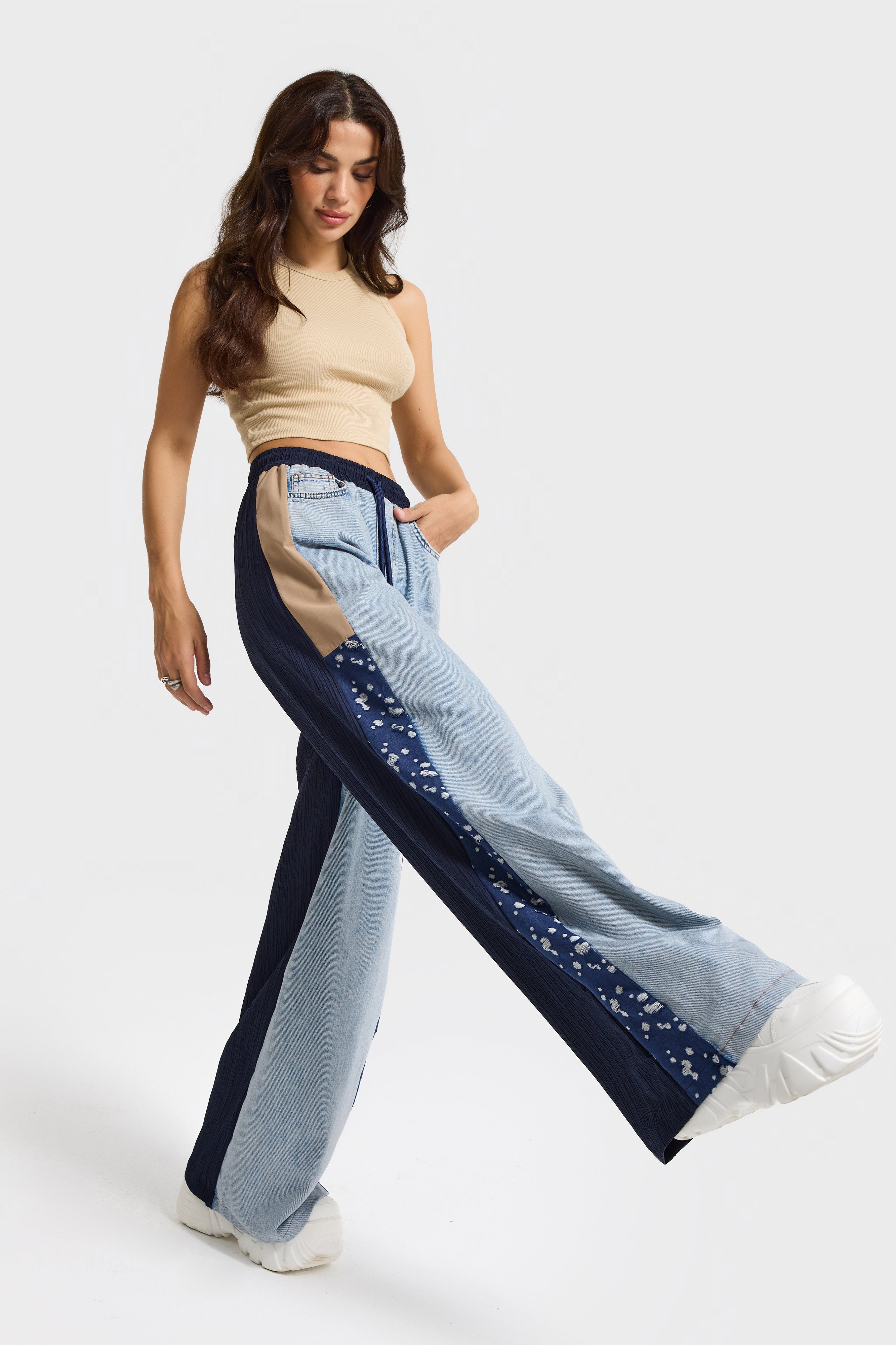 Kadın Kot Rengi Kumaş Denim Parçalı Bol Kesim Tasarım Denim Pantolon