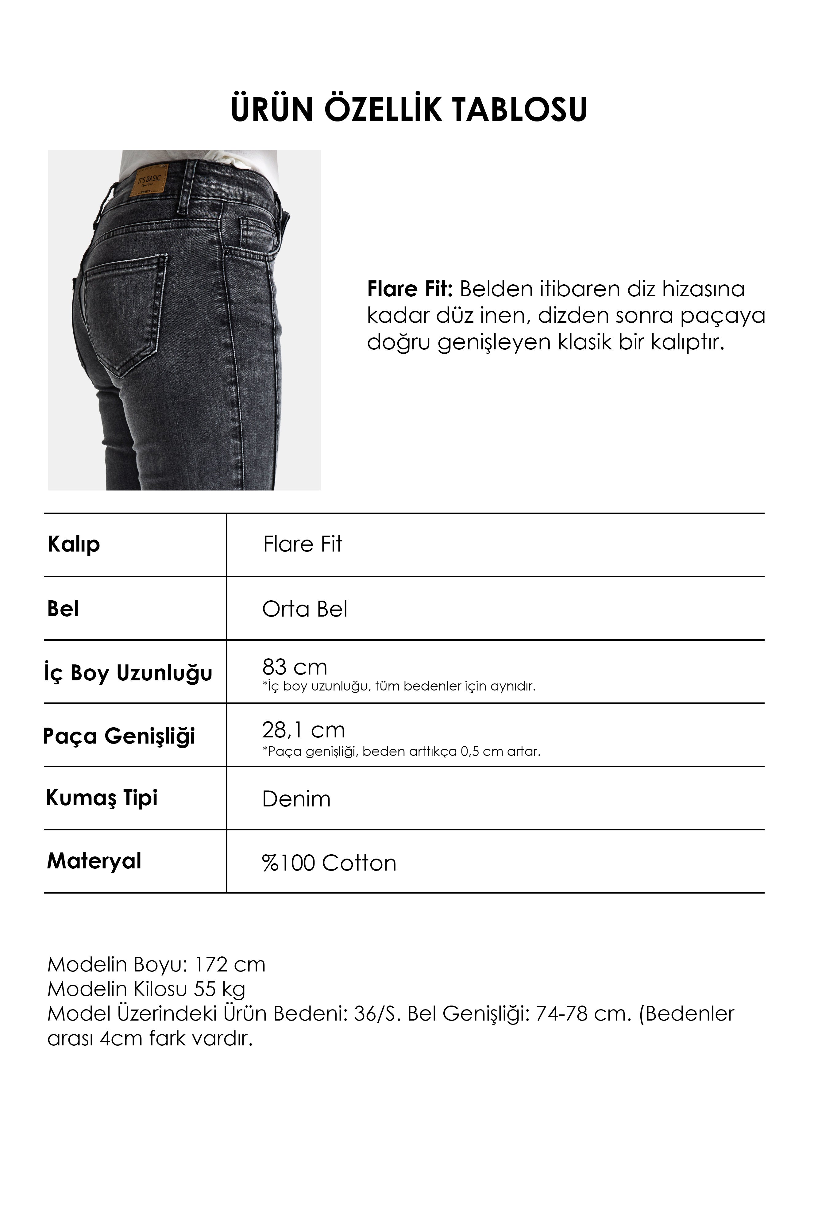 Kadın Antrasit 4s6-14 Mid Rise Flare Fit Kemer Detaylı Esnek Kumaş Denim Jean