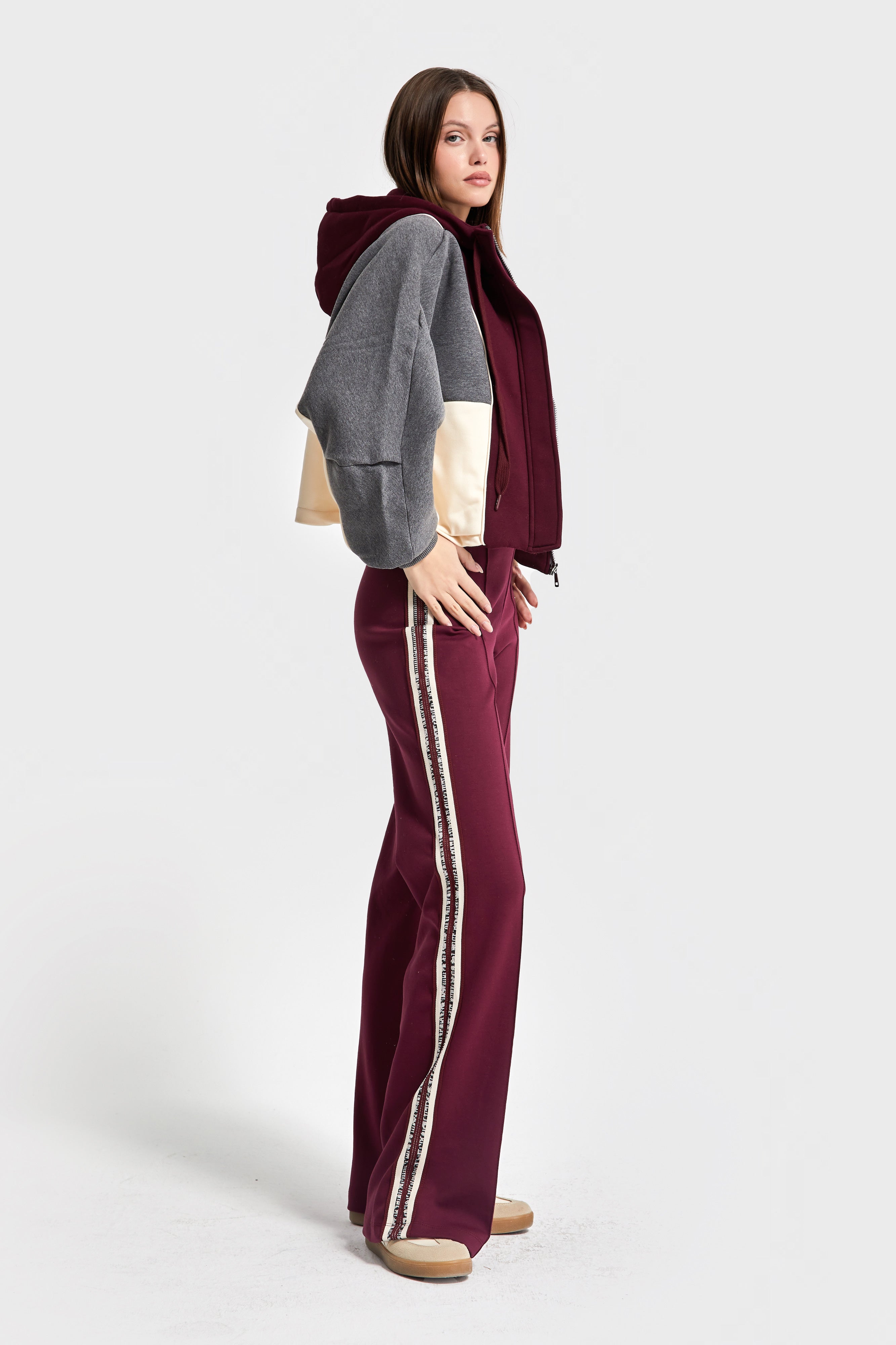 Kadın Bordo Renk w5-35 Örme Kumaş Polar ve Alt Eşofman 2'li Kombin Tasarım Takım