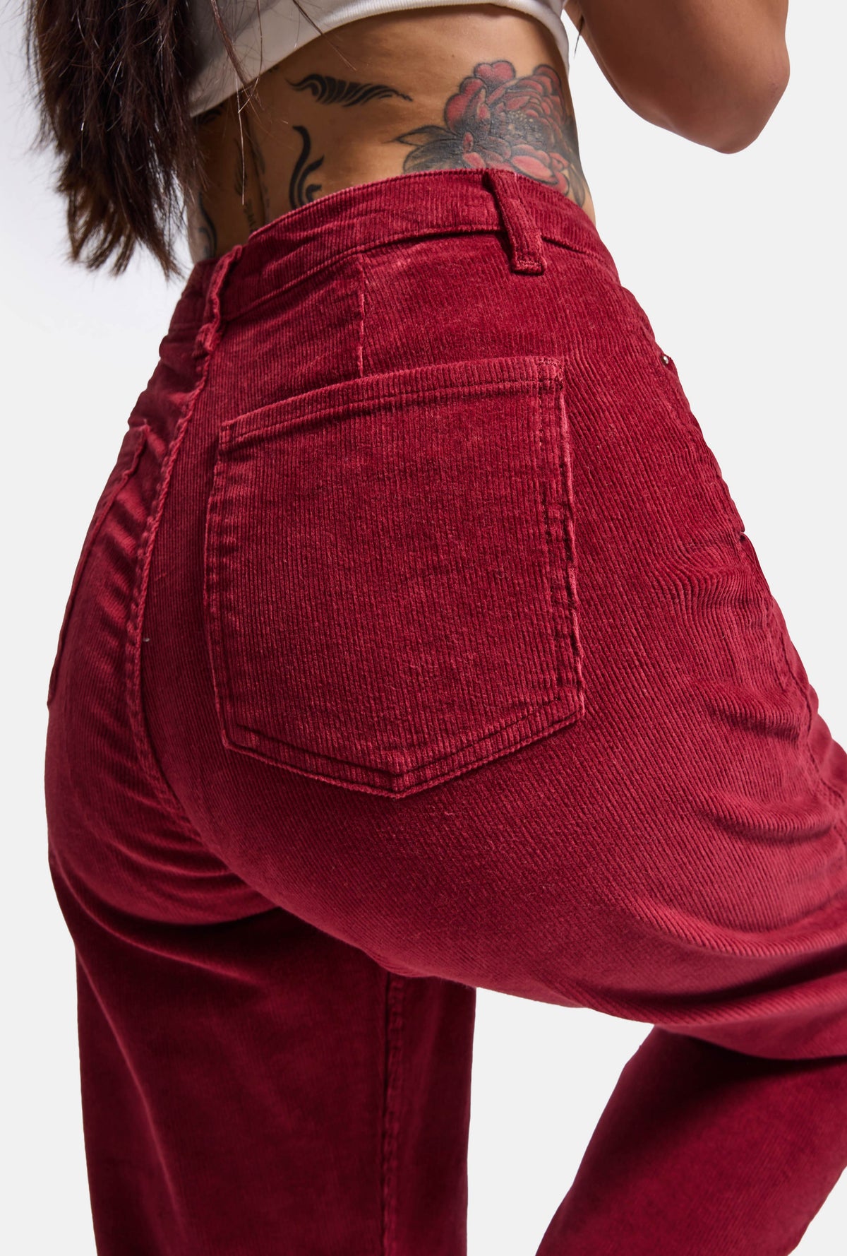 Kadın Bordo Renk 26w5-35 Relax Fit Esnek Kumaş İnce Fitilli Velvet Kadife Kumaş Pantolon