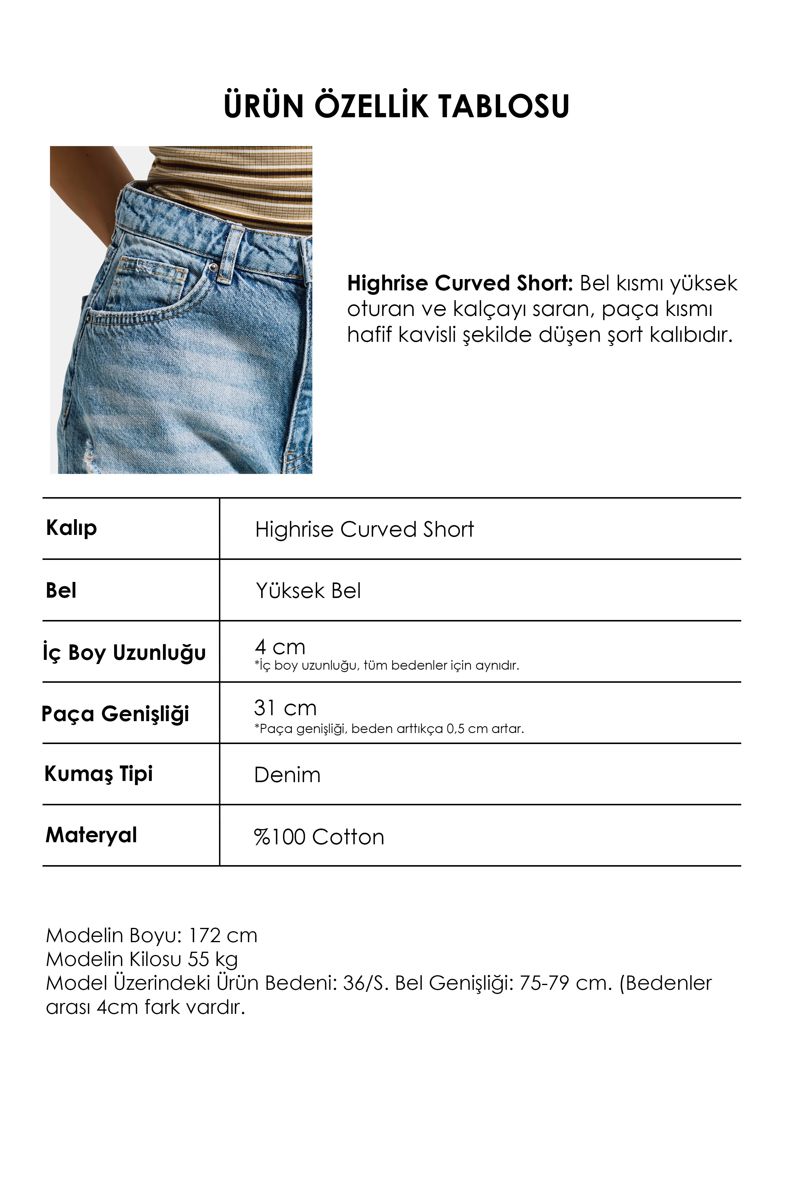 Kadın T.Kot Rengi 12s5-32 Mini Boy Yüksek Bel Curved Yırtık Detaylı Püsküllü %100 Koton Denim Şort