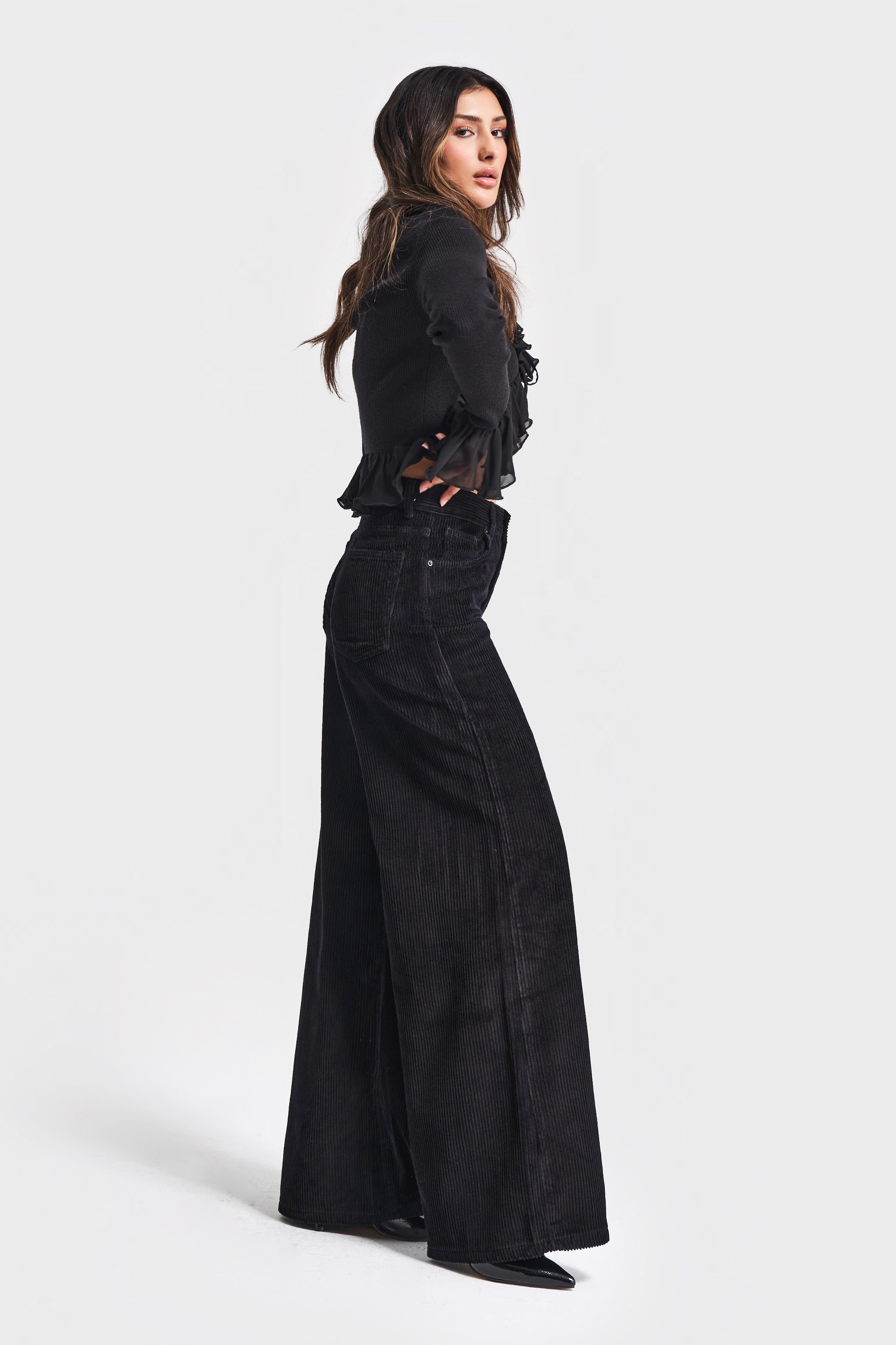 Kadın Siyah Renk Hera 26w41 Palazzo Fit Fitilli Kadife Pantolon