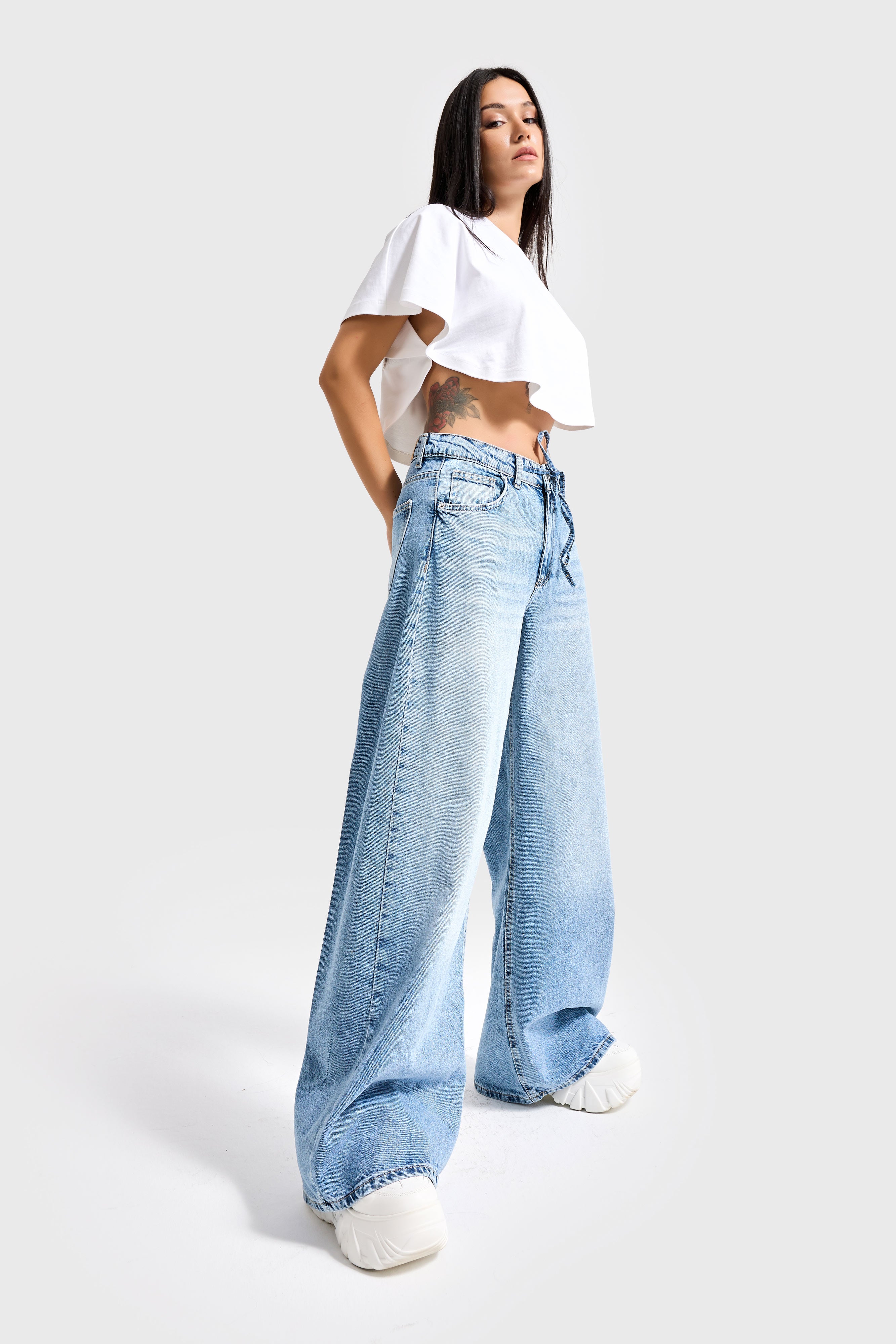 Women's Jeans Color 4S527 Super Palazzo Fit Laced 100% Cotton Denim