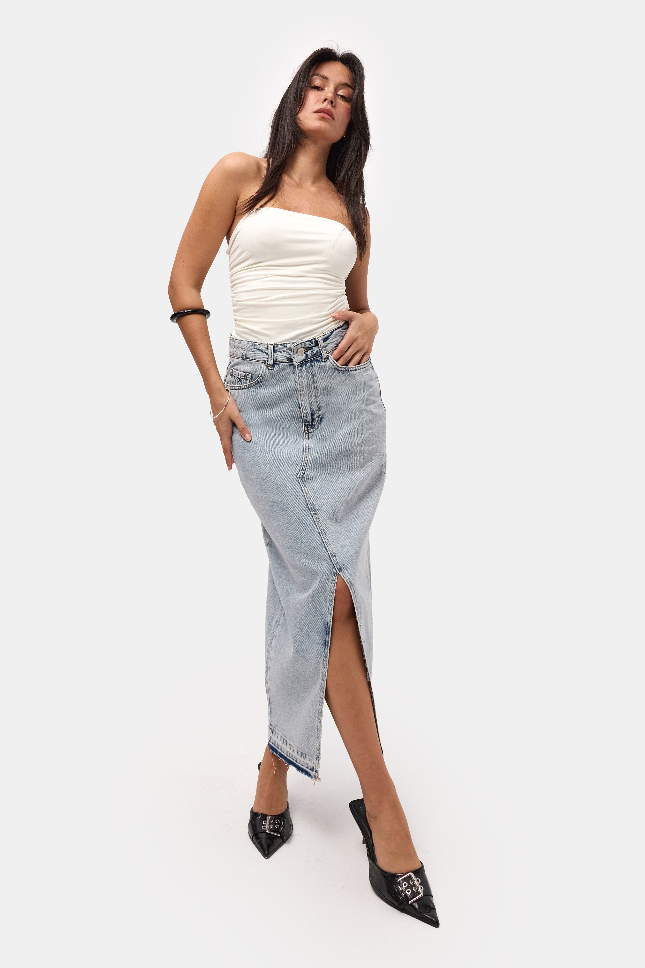 Kadın Snow Kot Rengi Derin Yırtmaçlı Yüksek Bel Uzun Denim Etek
