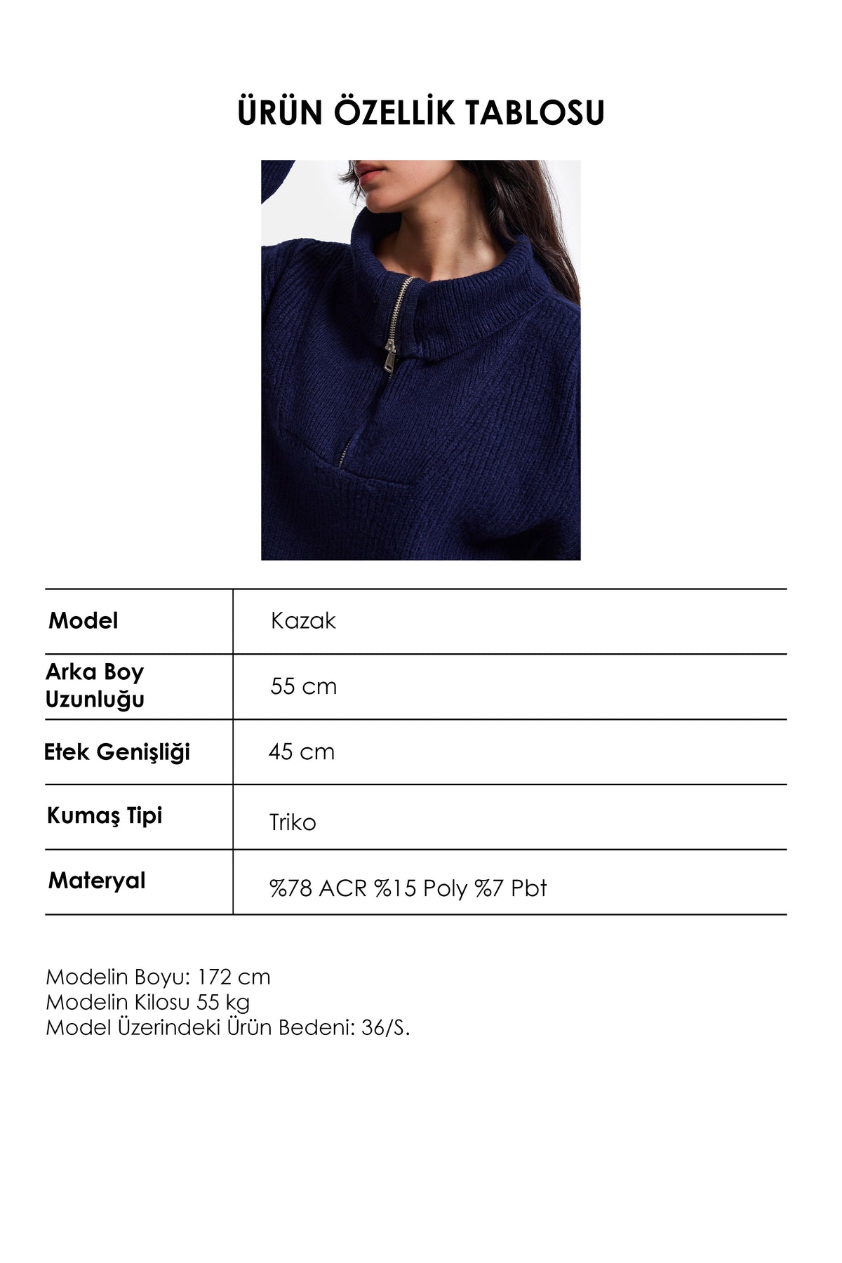 Kadın Lacivert w6-56 Oversize Fermuarlı Triko Kazak