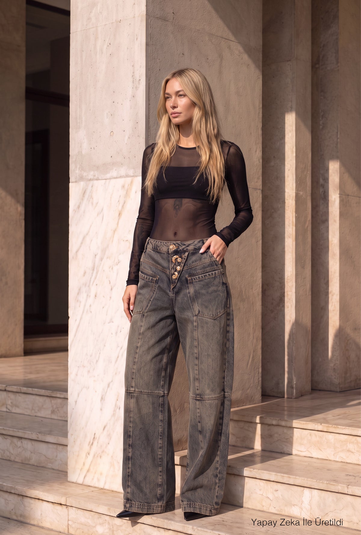 Kadın Koyu Kot 4w6-85 Mega Baggy Aksesuar Detaylı Tasarım Denim Jean