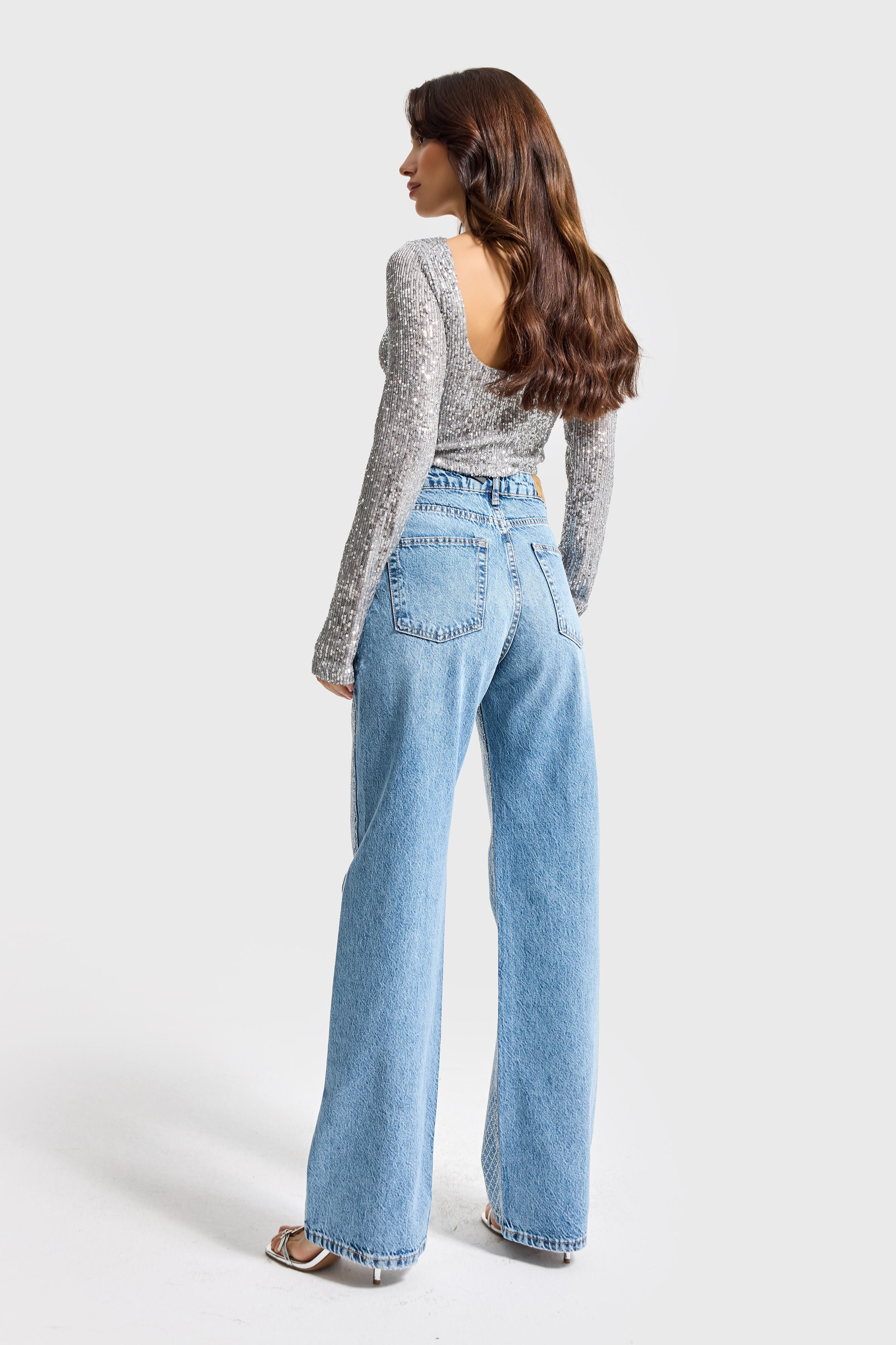 Women's Jeans Color T34S527 Shiny Stone Design Straight Fit Denim