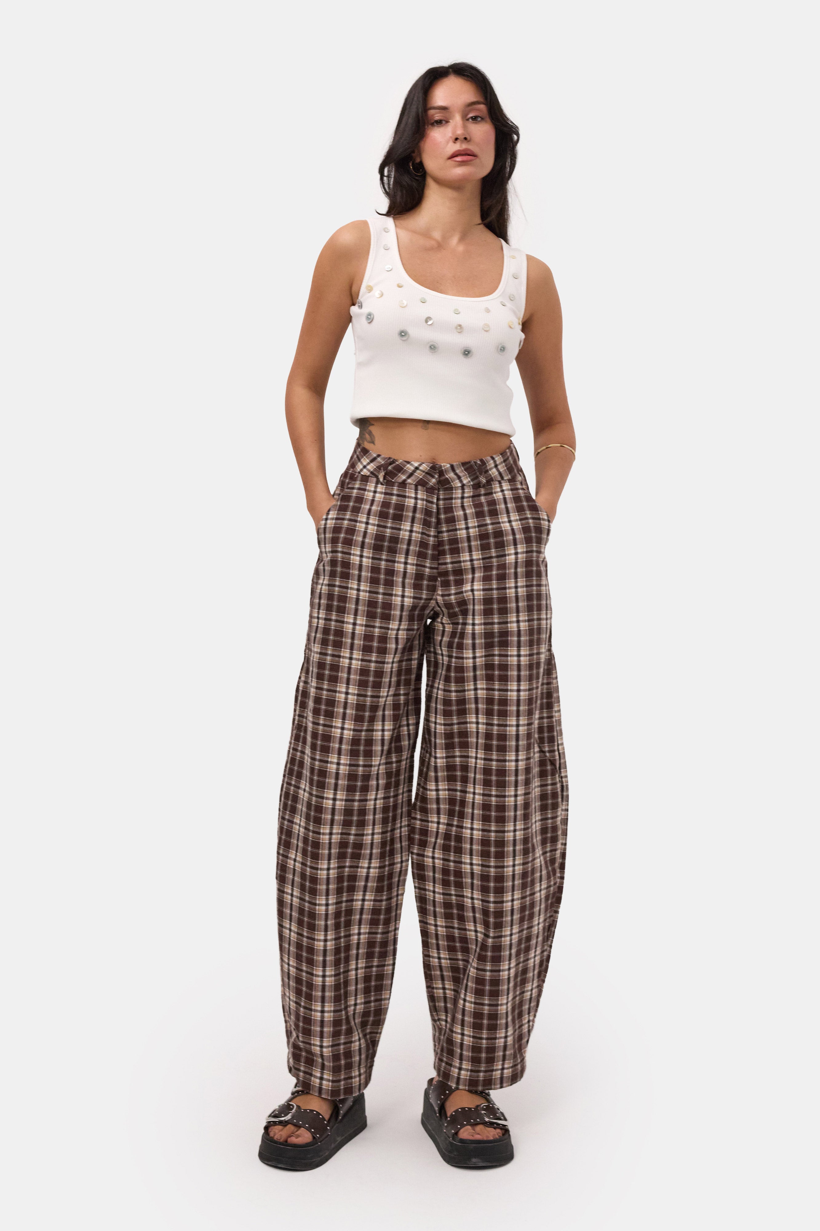 Kadın Kahve Ekose s6-14 Skater Fit Bol Kesim Pantolon