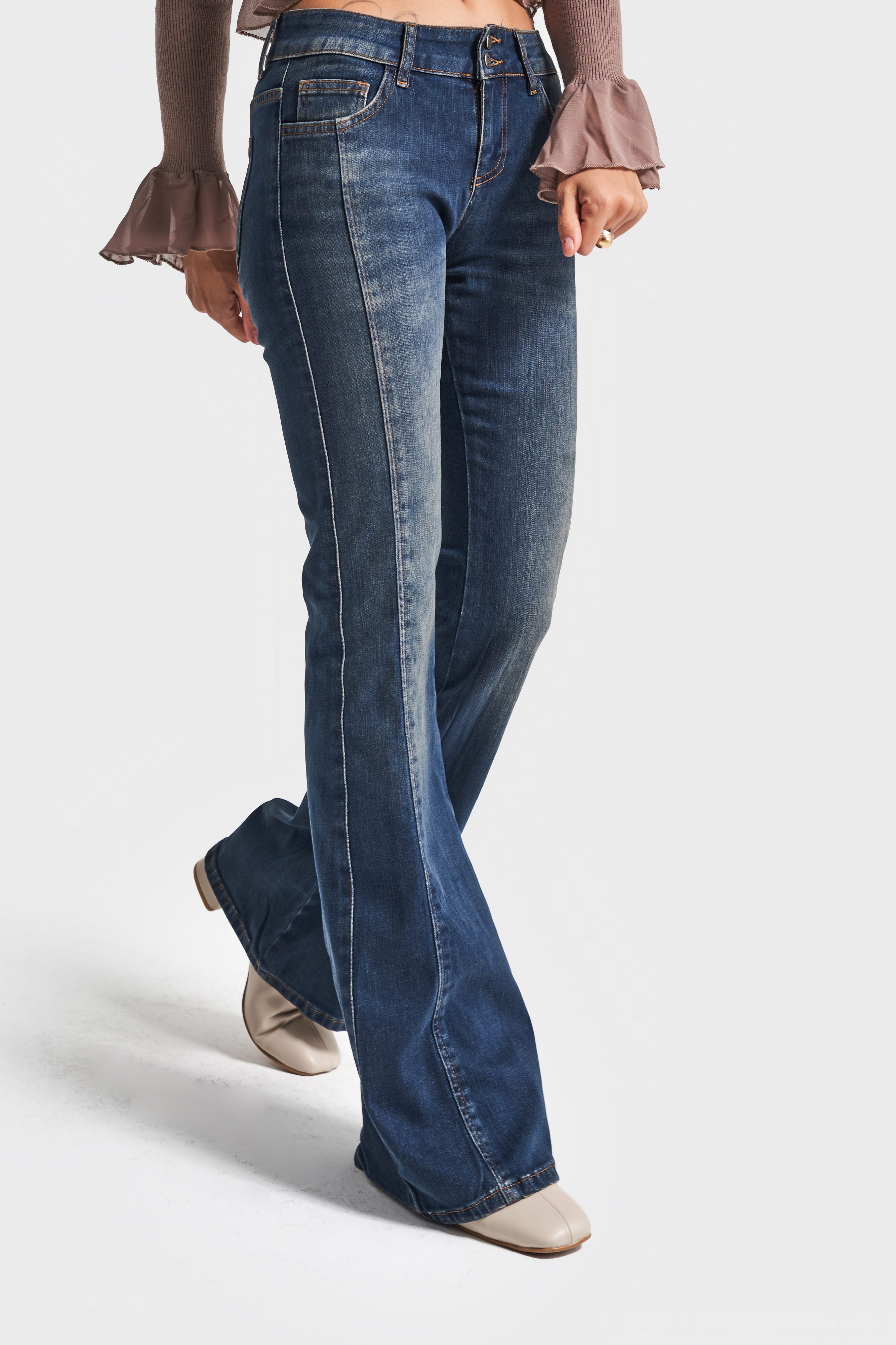 Kadın T.Kot Rengi 2w5-8 Mid Rise Flare Fit Süper Esnek Kumaş İspanyol Paça Denim Jean