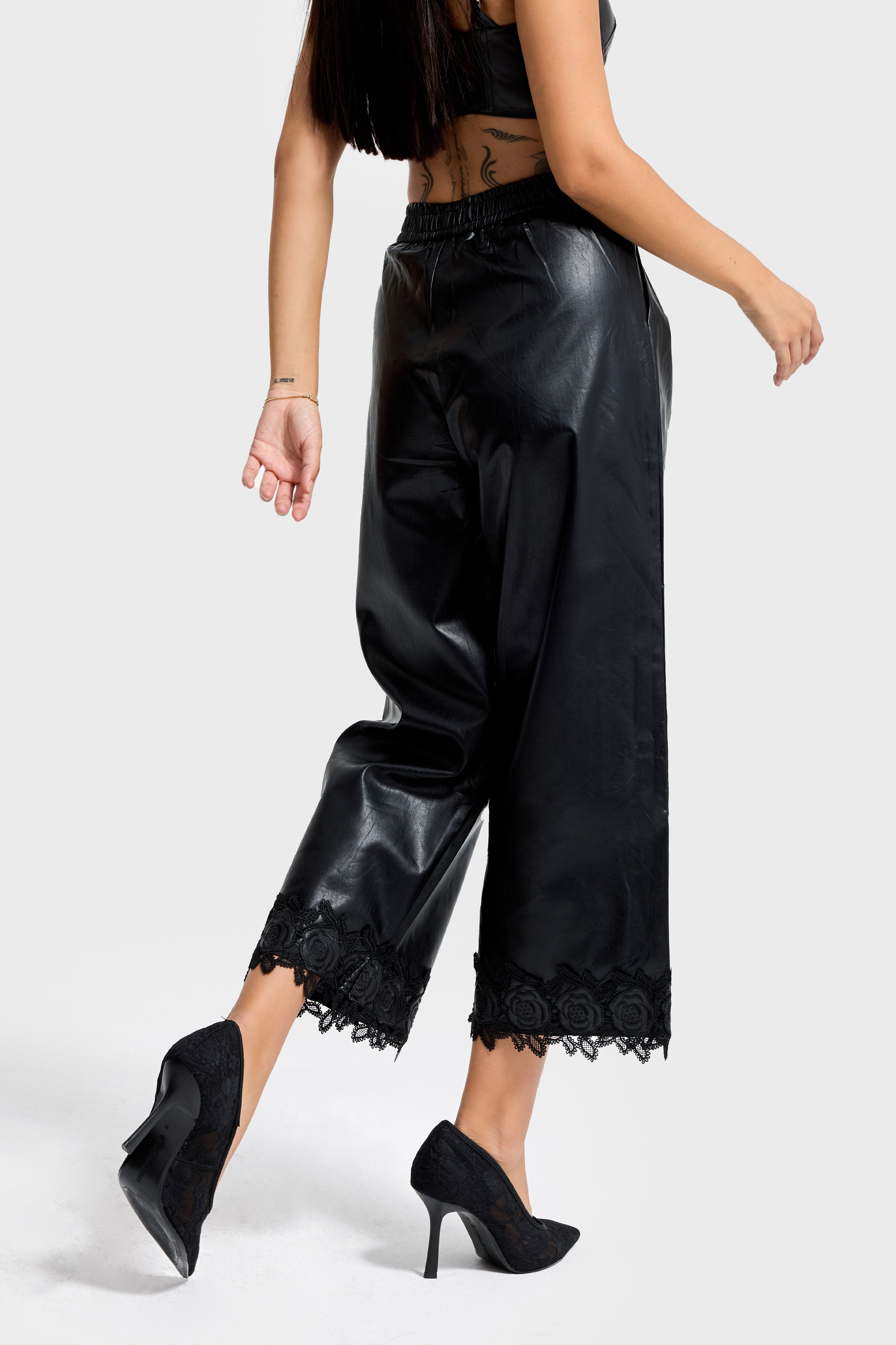 Women's Black Faux Leather Pants with Elastic Waist and Lace Trim Hems
