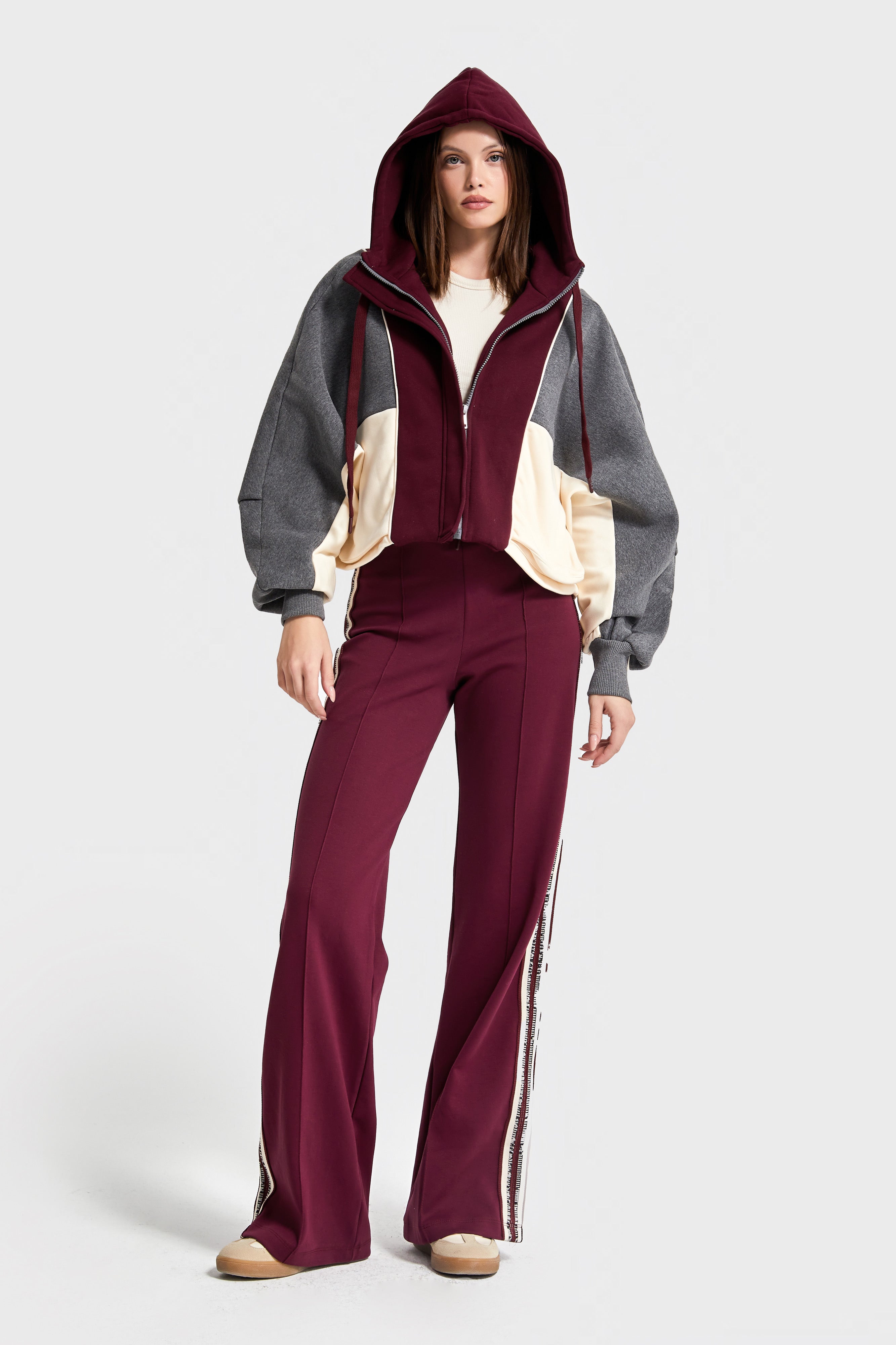 Kadın Bordo Renk w5-35 Örme Kumaş Polar ve Alt Eşofman 2'li Kombin Tasarım Takım