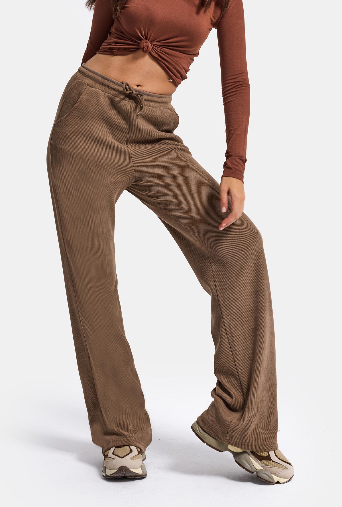 Women's Pastel Coffee Ribbed Knit Flexible Velvet Fabric Pants w5-82