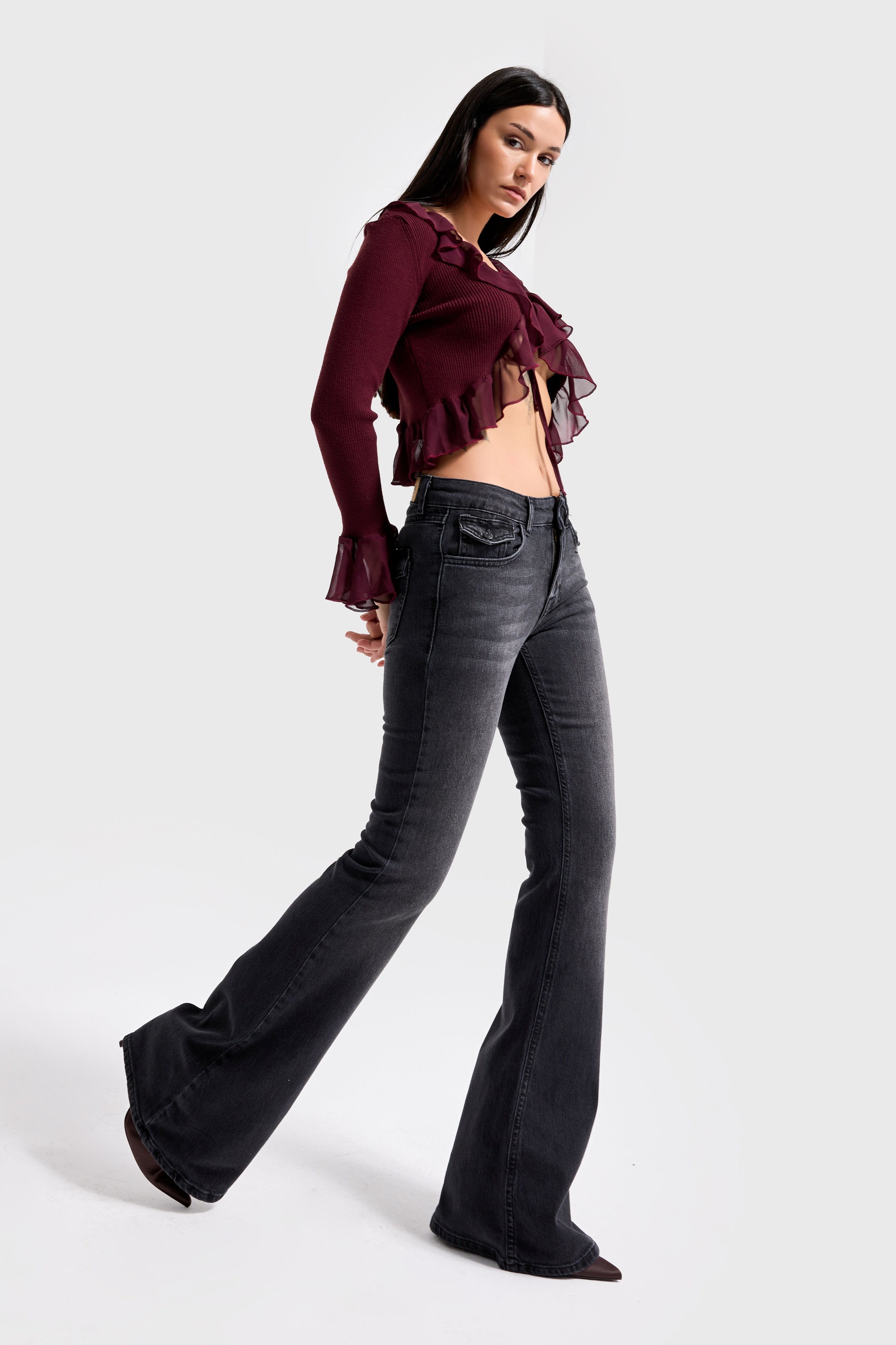 Kadın Koyu Füme Renk 2w5-1 SLN05 Midrise Flare Fit Esnek Kumaş İç Boy 83cm Denim Jean