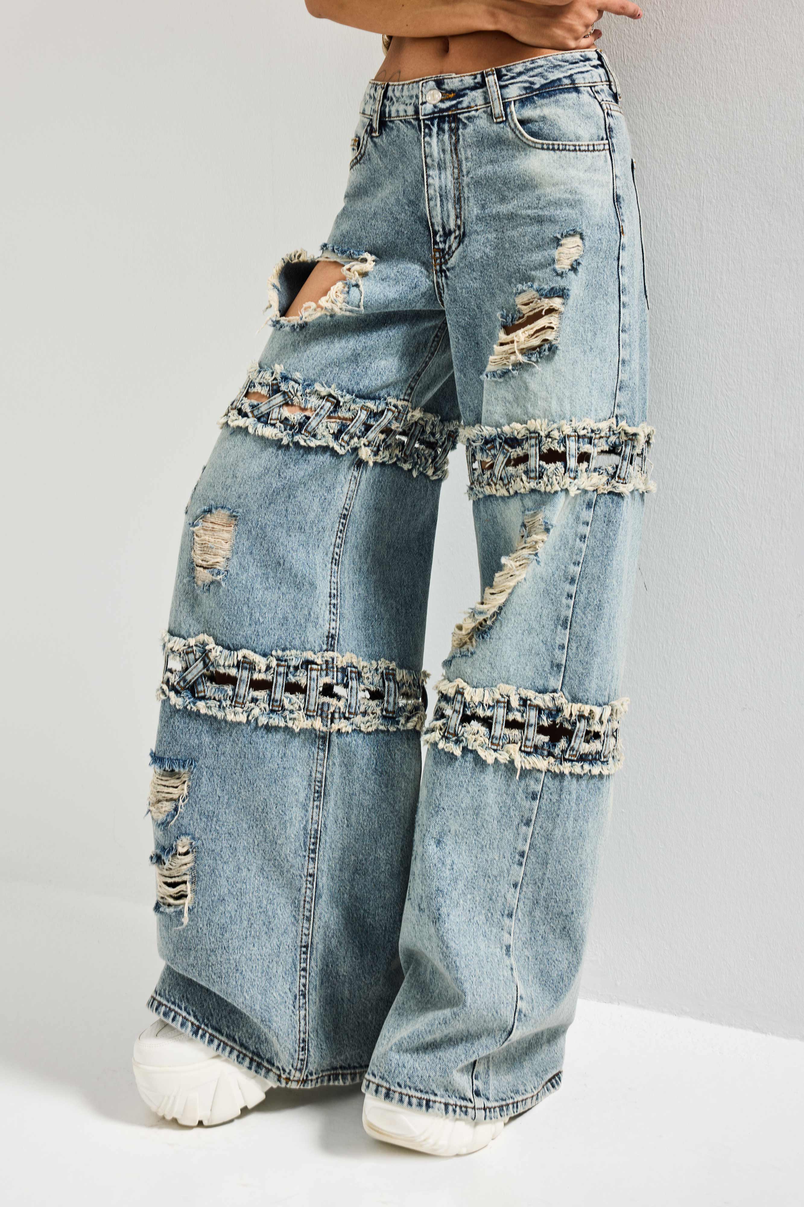 Kadın Kot Rengi Palazzo Fit Yırtık Detaylı Tasarım Denim Jean