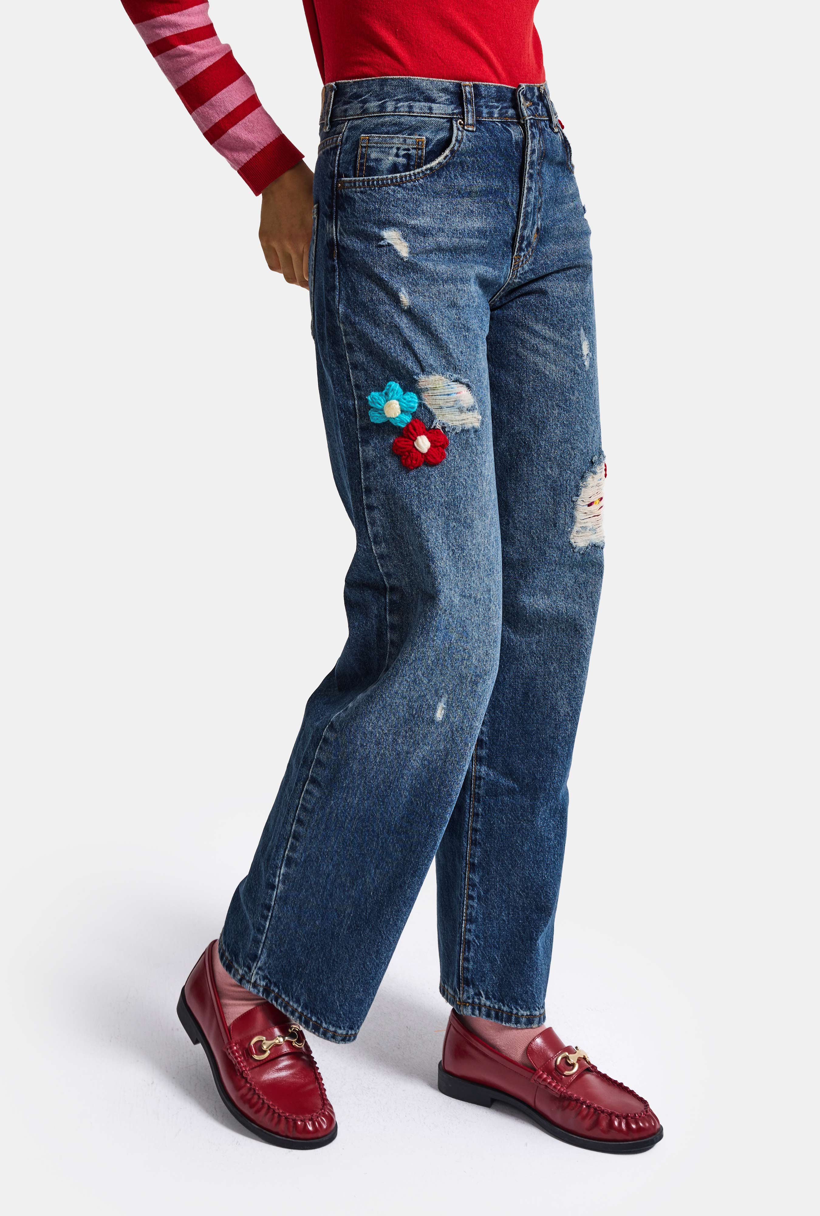 Kadın T.Kot Rengi Etnik Gül Desenli Loose Fit Tasarım Denim Jean