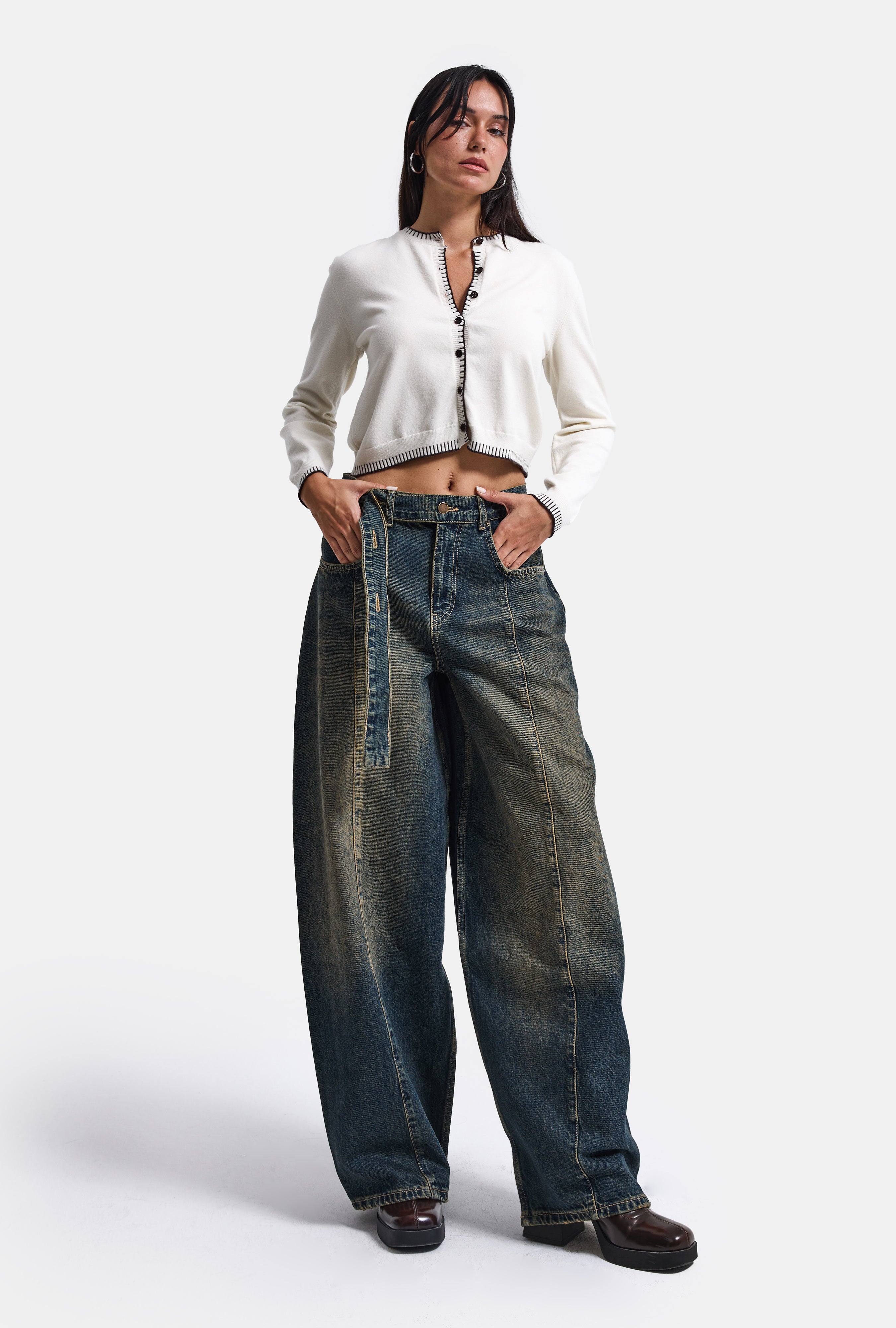 Kadın Tint Kot Rengi 2w6-11 Baggy Kemerli Orta Bel Denim Jean