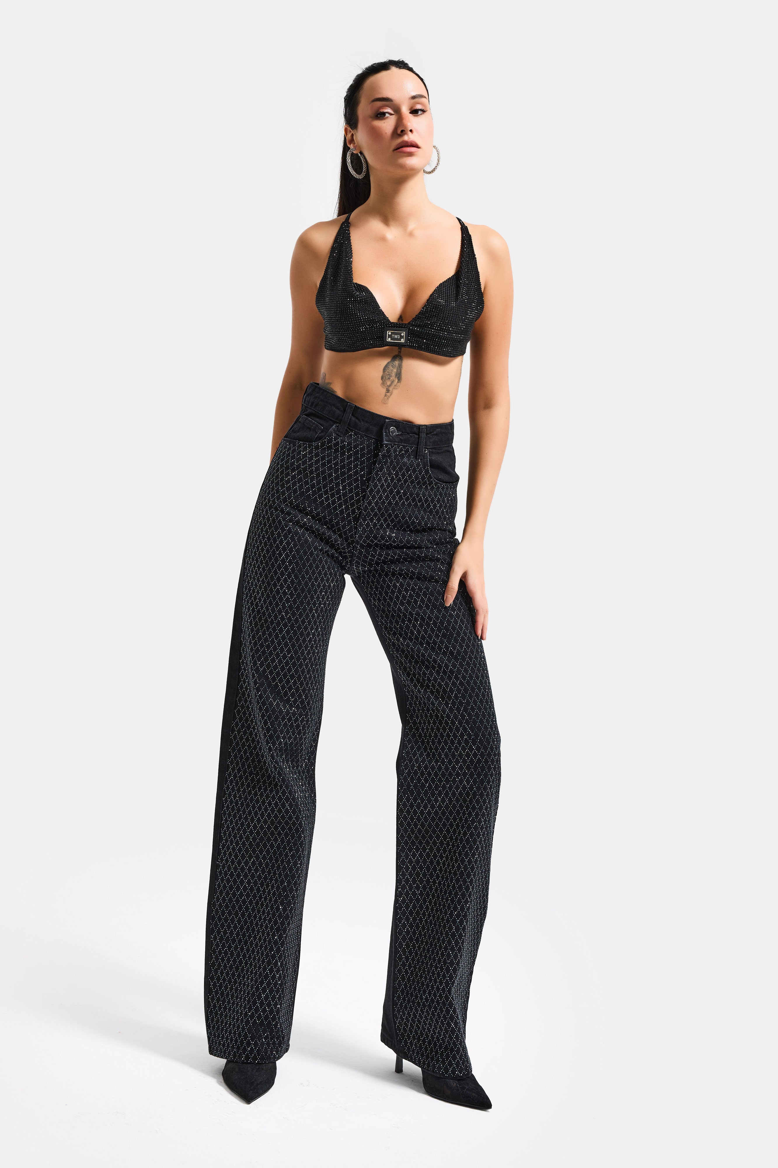 Kadın Siyah Renk T3-1s5-1 Straight Fit Yüksek Bel Işıltılı Parlak Taşlı Tasarım Denim Jean