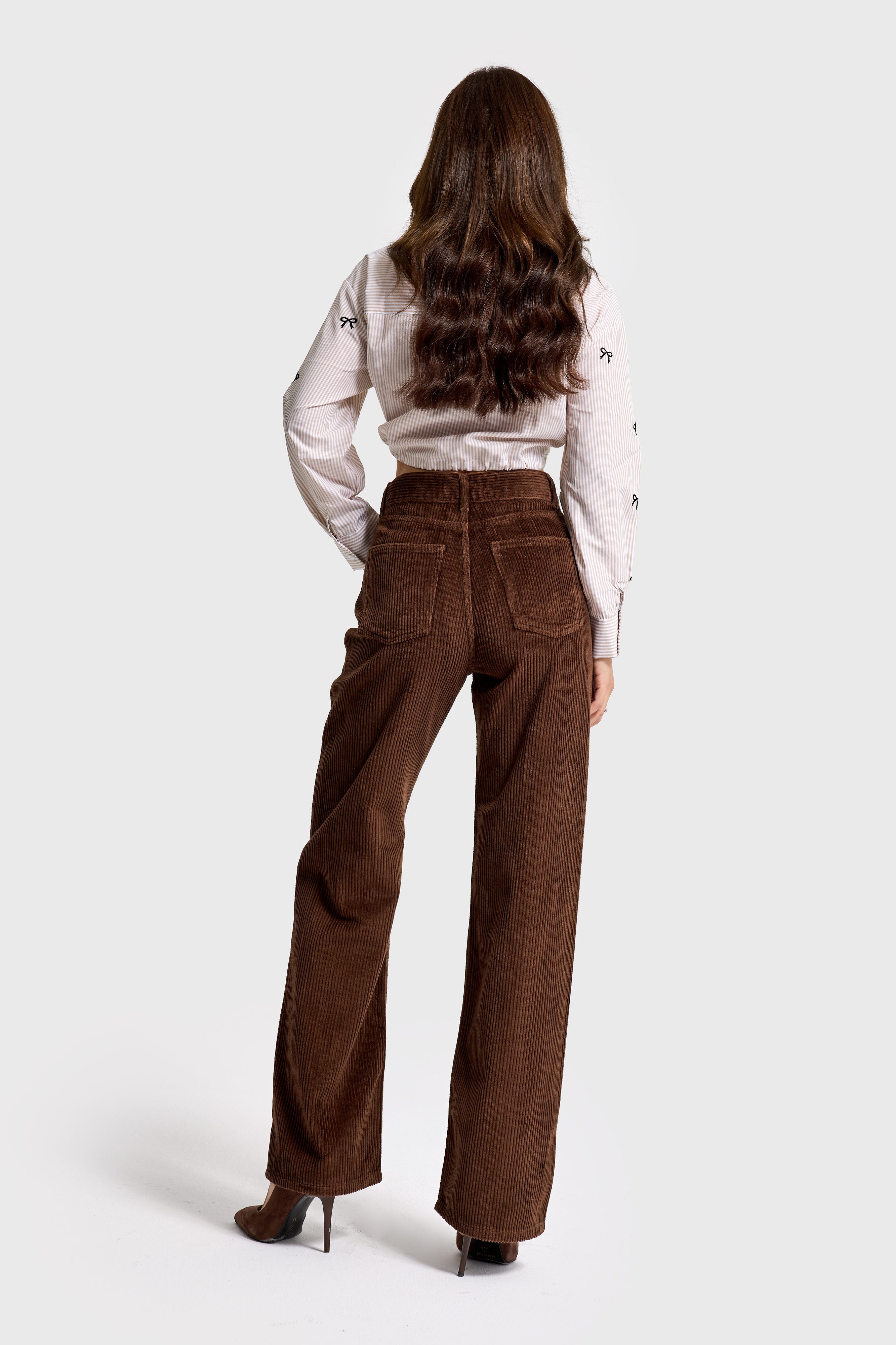 Kadın Kahverengi Doris 26w5-42 Straight Fit Yüksek Bel İç Boy 80cm Kalın Fitilli Kadife Velvet Kumaş Pantolon