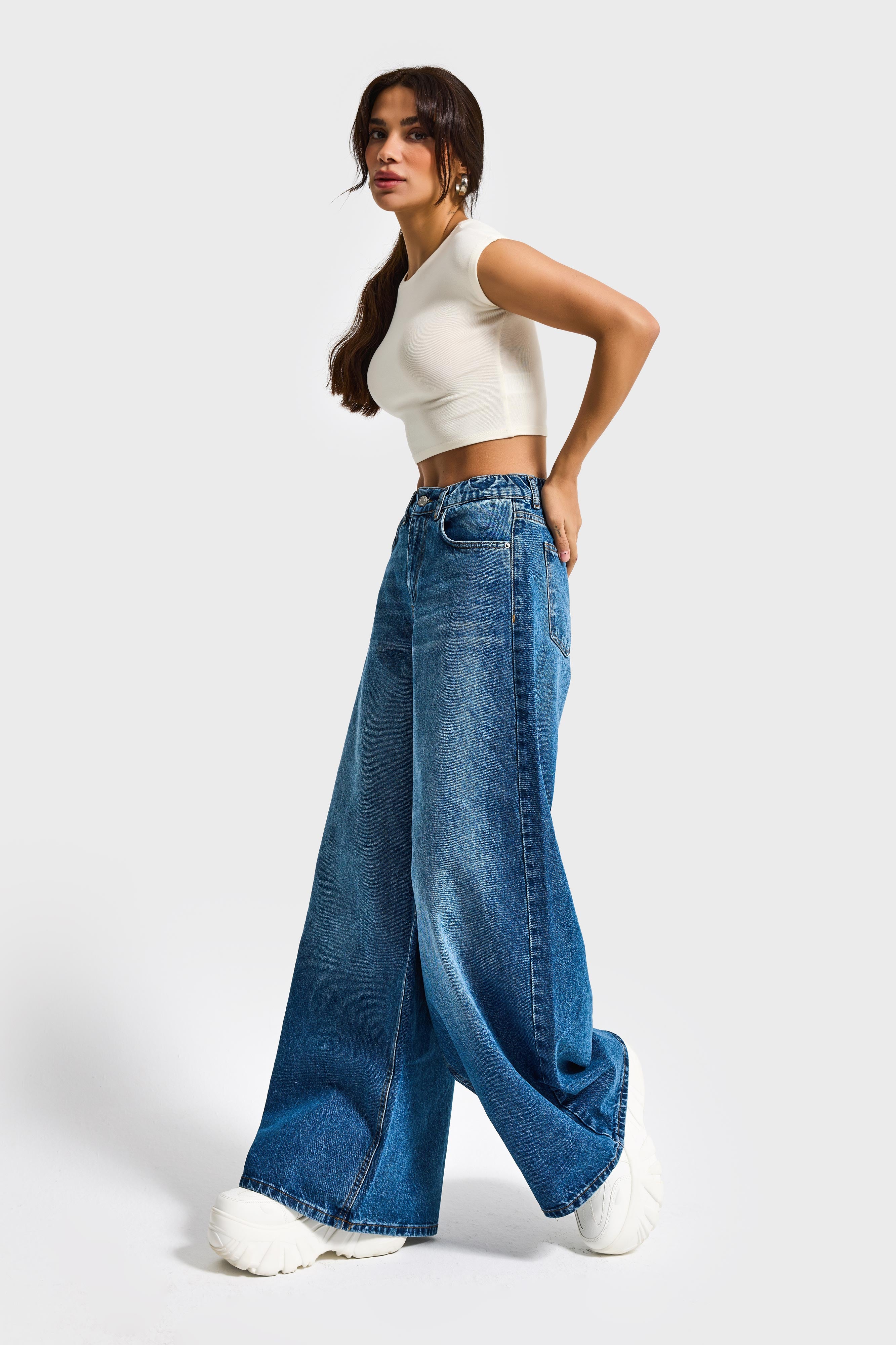 Kadın Mavi Renk 2S5-4 Palazzo Fit Beli Lastliki %100 Koton Denim Jean