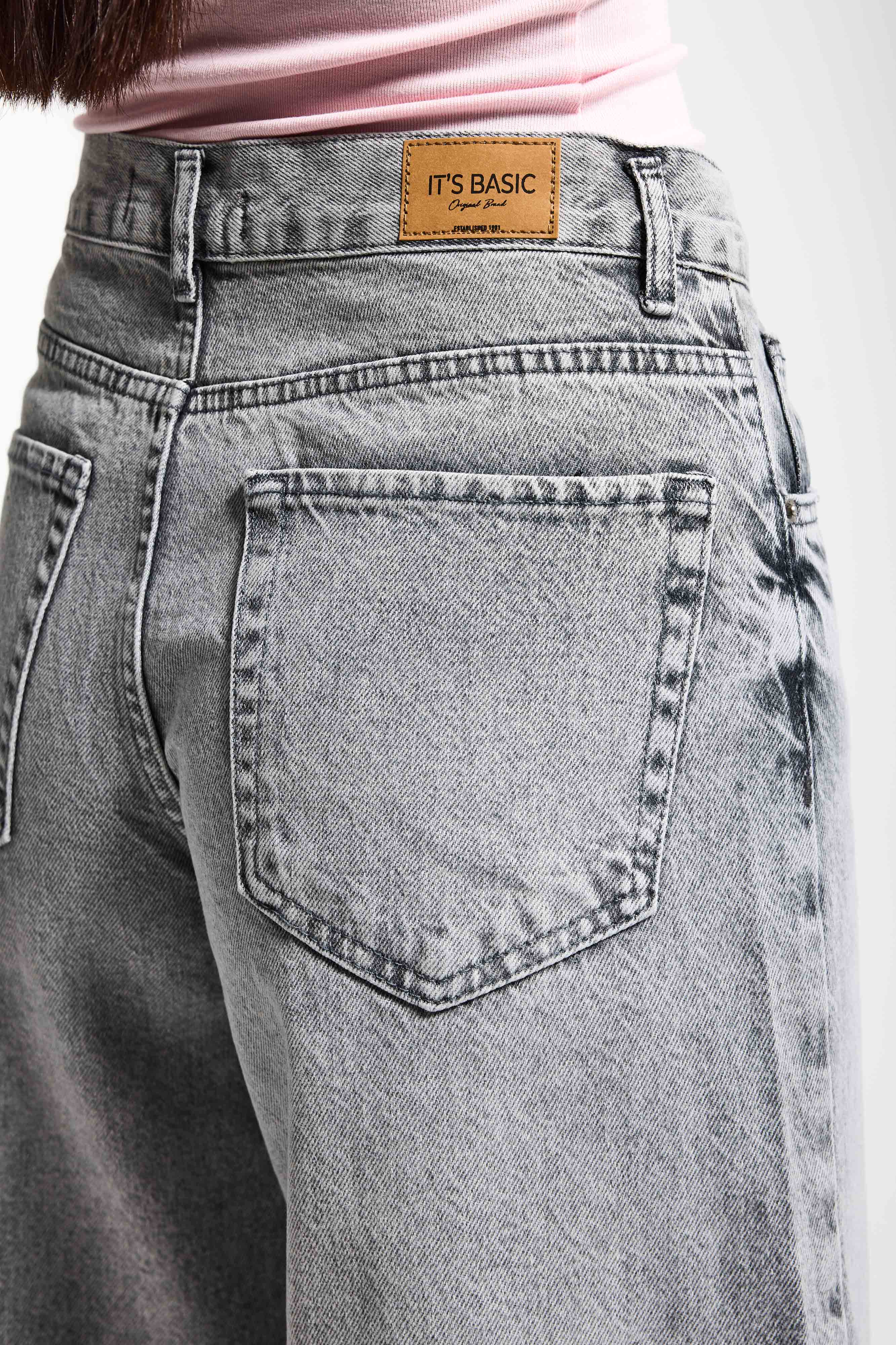 Kadın Gri Renk Hera 4s6-12 Palazzo Fit Bol Kesim %100 Koton Orta Bel Denim Jean