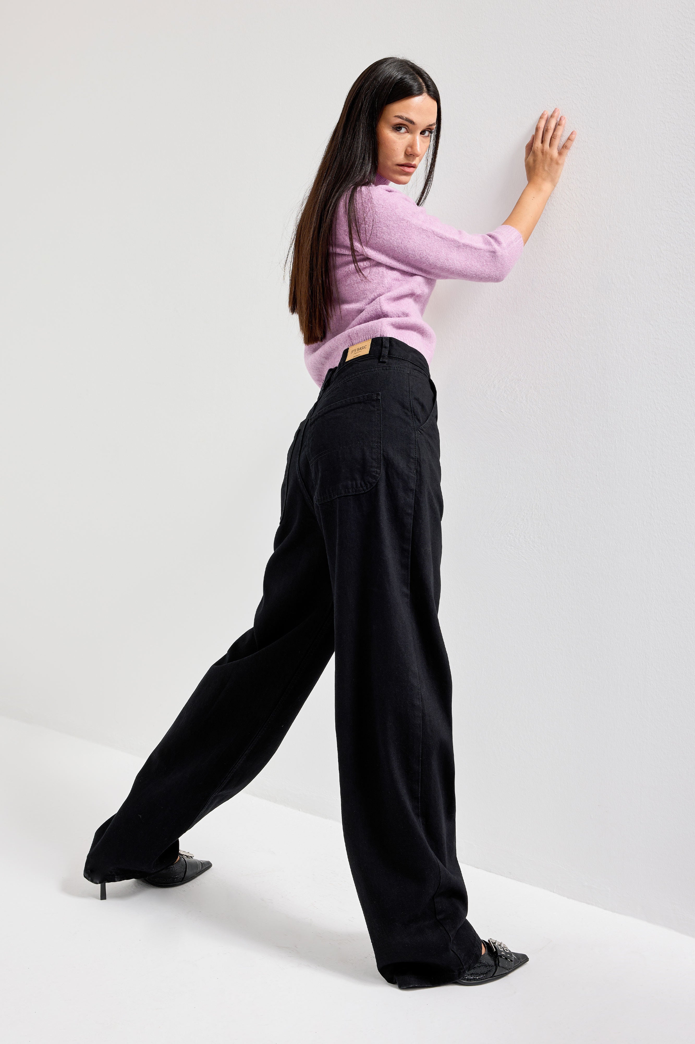 Women's Black Black Od Color Skater Fit Loose Cut Denim Trousers