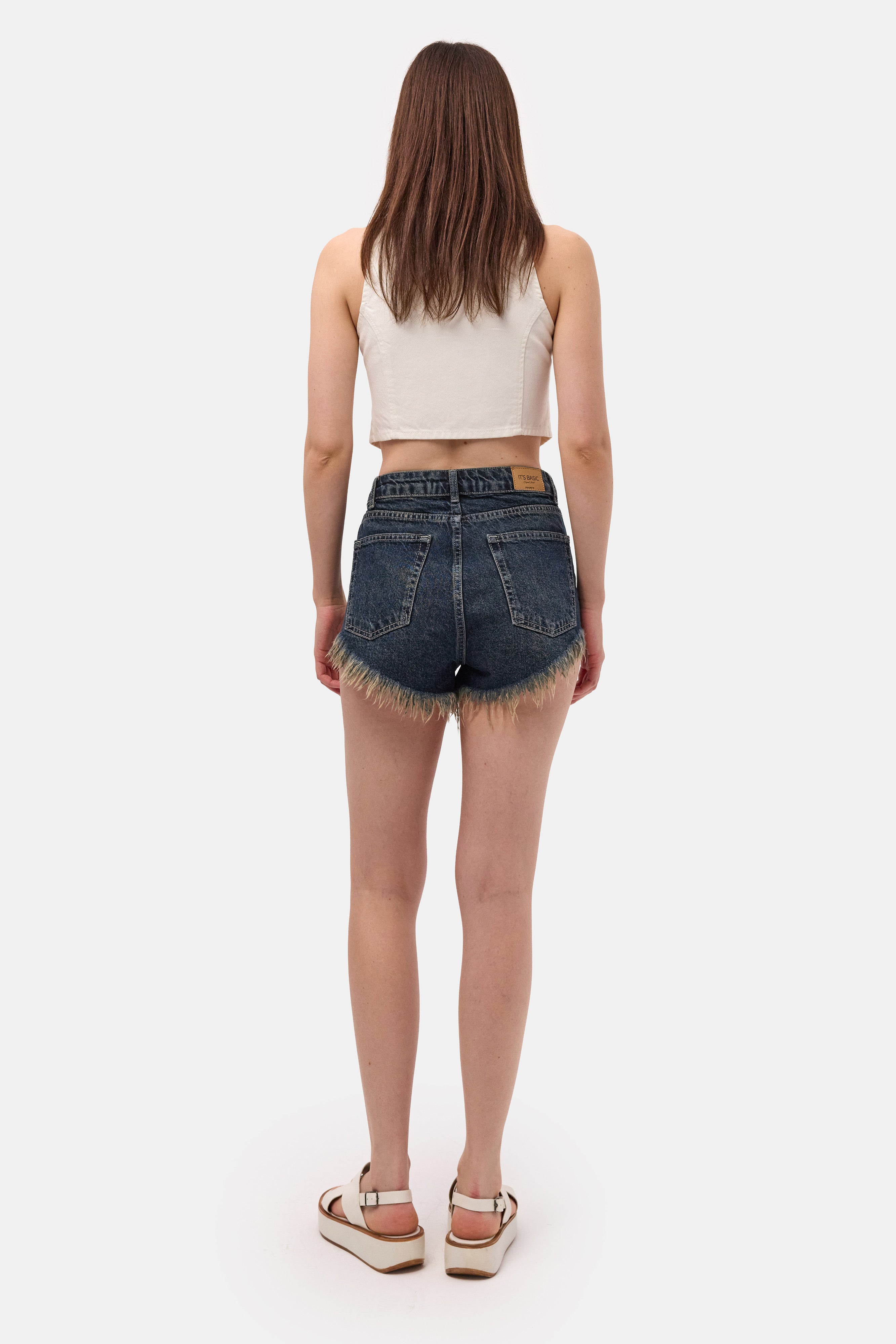 Kadın Koyu Kot 2s6 Mini Boy Paça Püsküllü Denim Şort