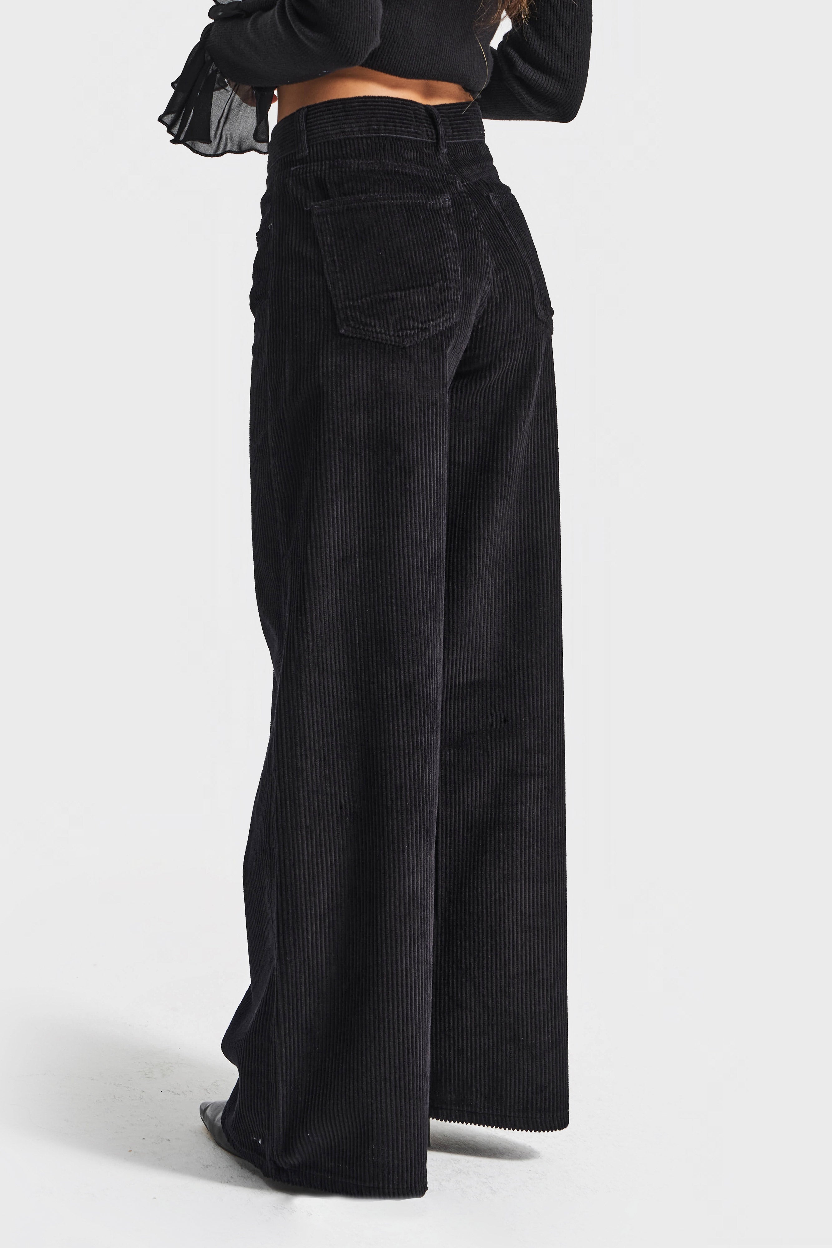 Kadın Siyah Renk Hera 26w41 Palazzo Fit Fitilli Kadife Pantolon