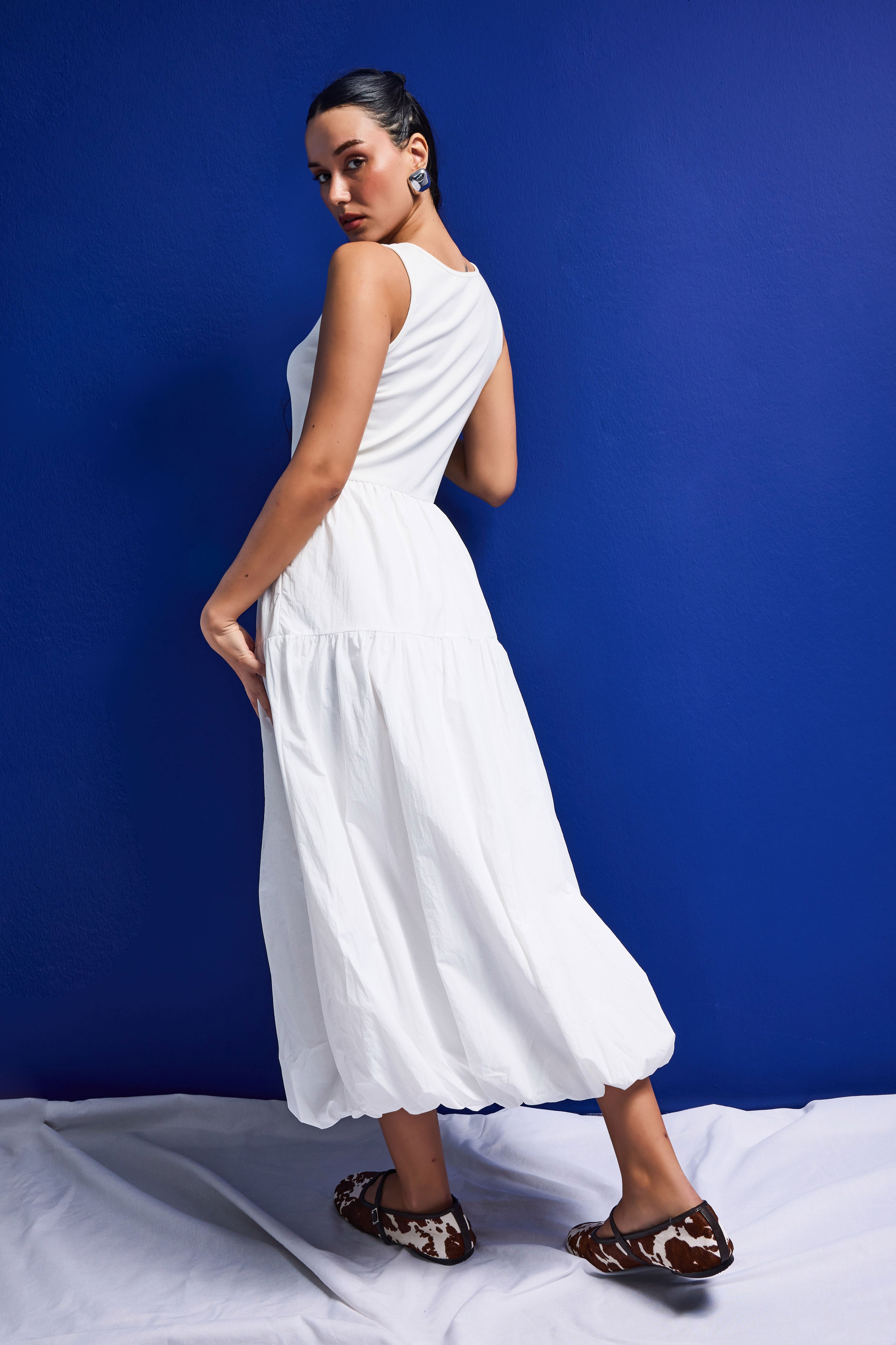 Women's White W5 Balloon Cut %100 Organic Cotton Designer Dress