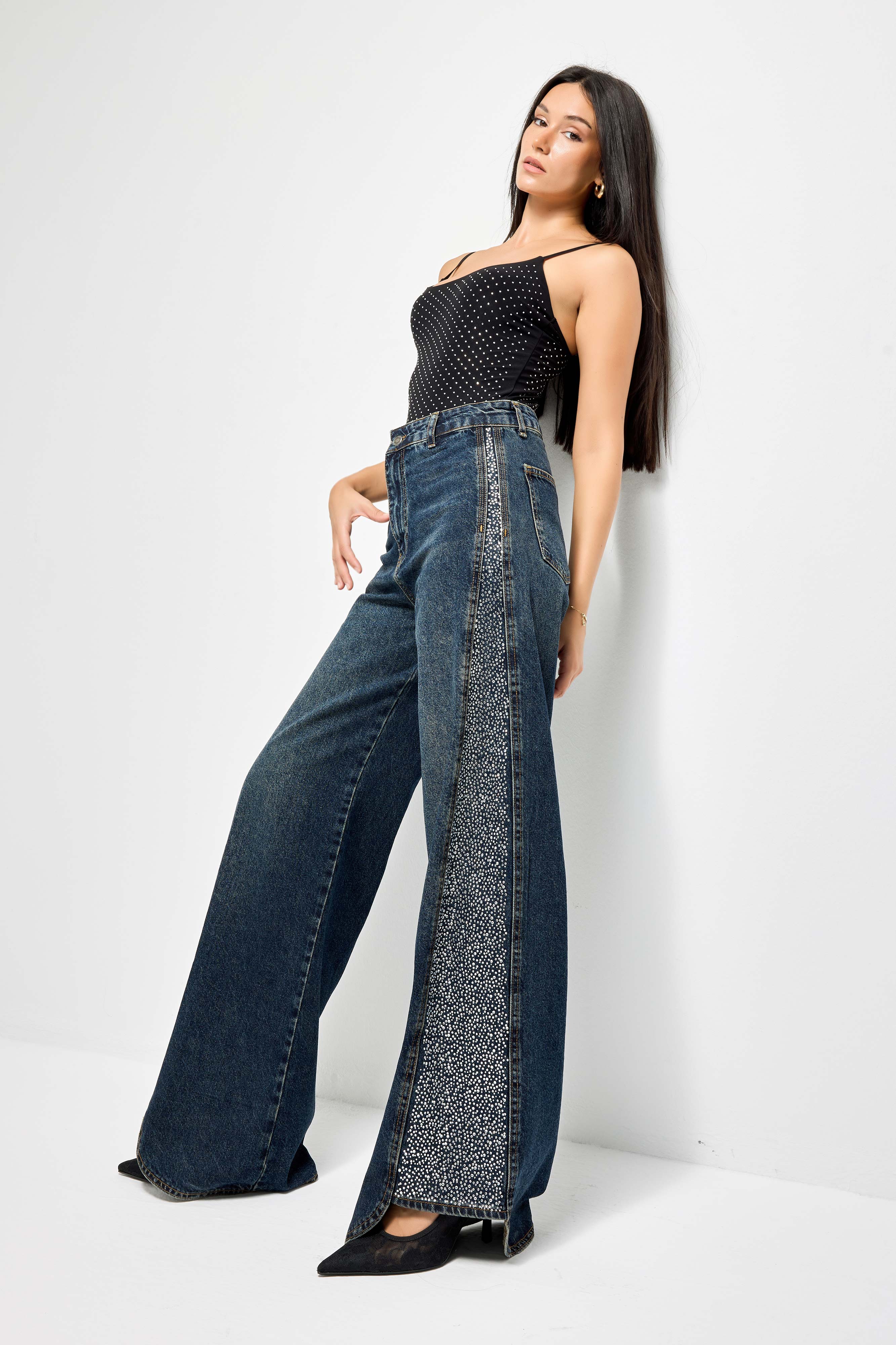 Женские джинсы T.Jeans, цвет 2w49, блестящий, с отделкой из камня, с широкими штанинами, дизайн деним