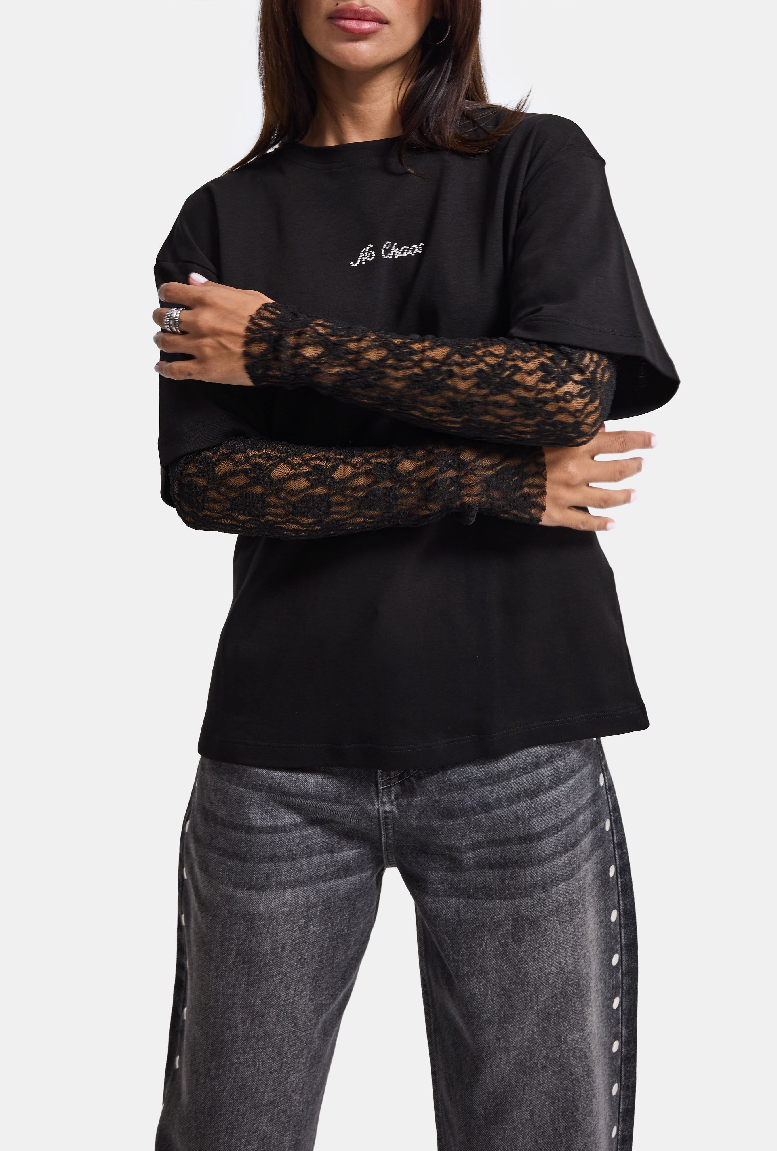 Kadın Siyah w6-1 Oversize Dantel Detaylı Uzun Kollu Tasarım T-Shirt