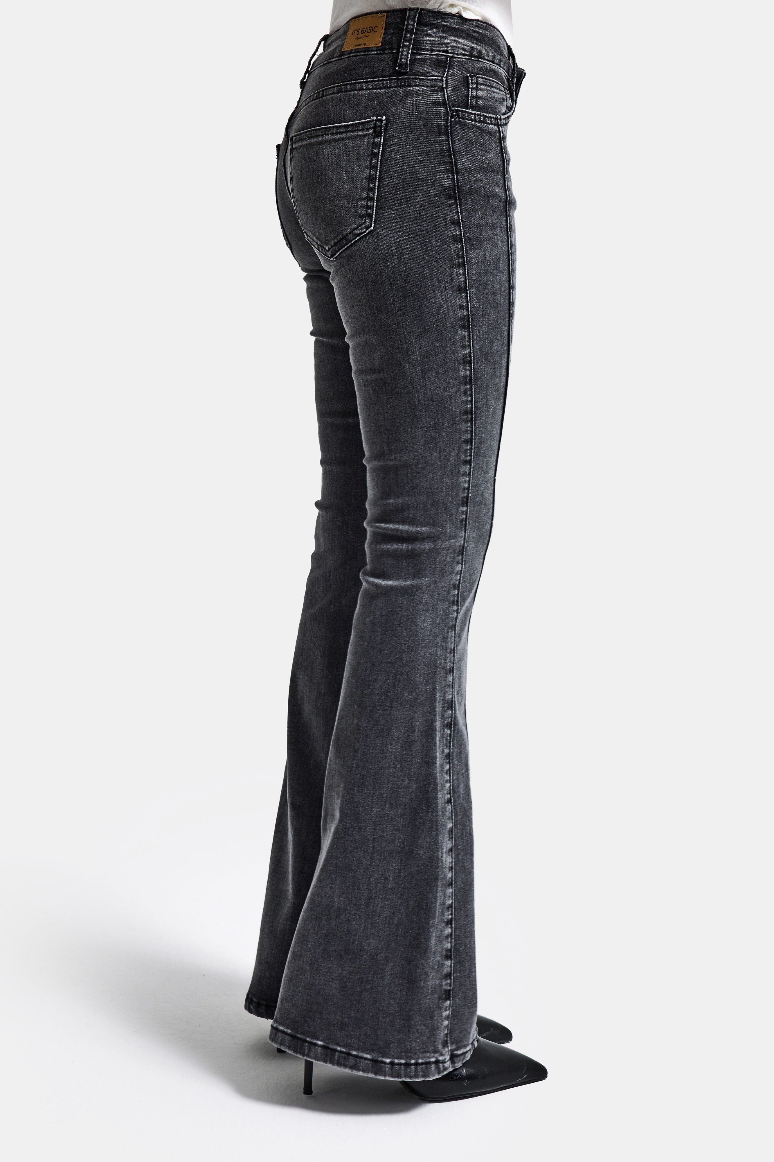 Kadın Antrasit 4s6-14 Mid Rise Flare Fit Kemer Detaylı Esnek Kumaş Denim Jean