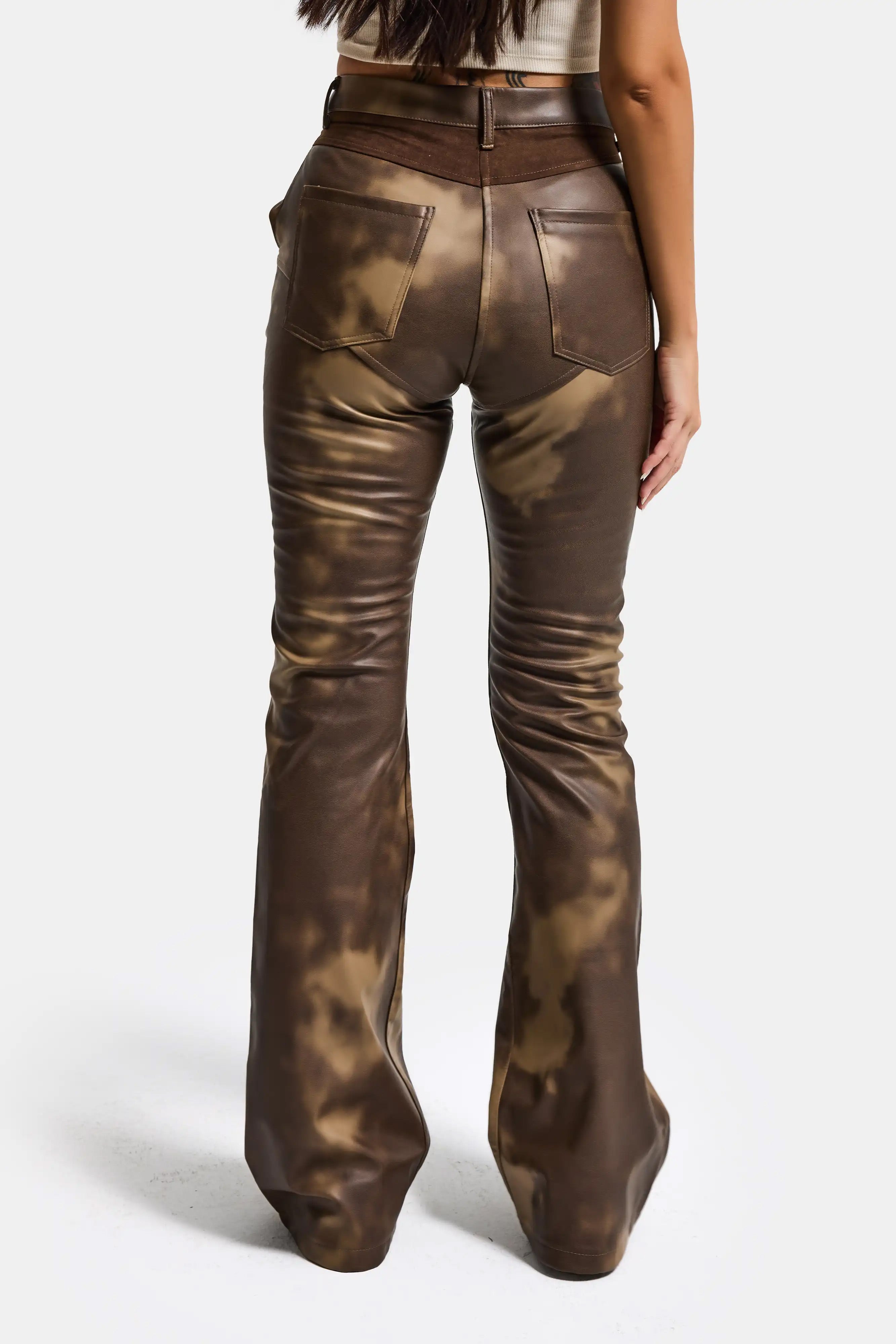 Kadın Batik Renk w5-16 Flare Fit Özel Renk Tasarım Deri Pantolon
