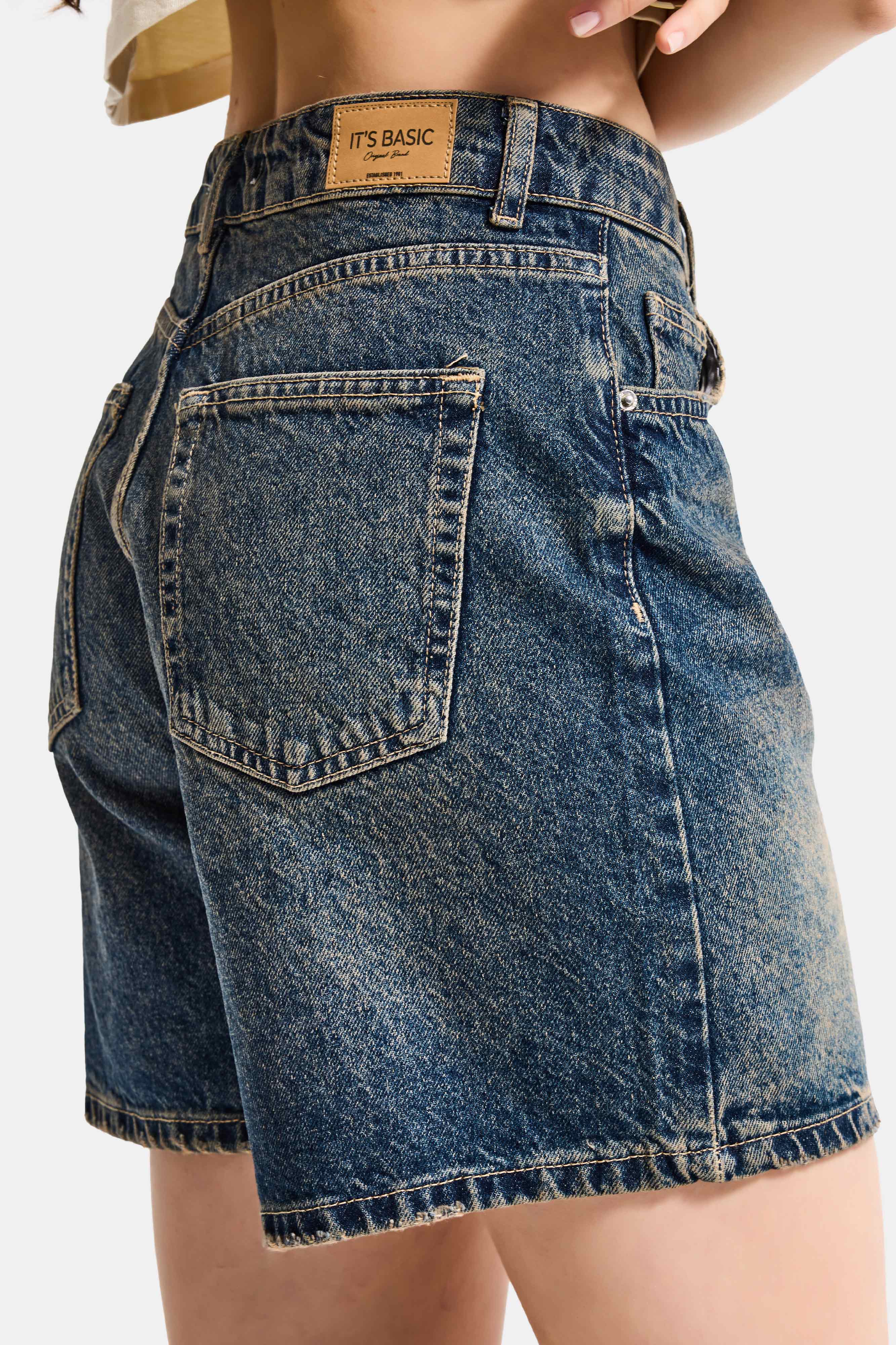 Kadın Koyu Tint Diana 2s6 Mom Fit Midi Boy Denim Şort