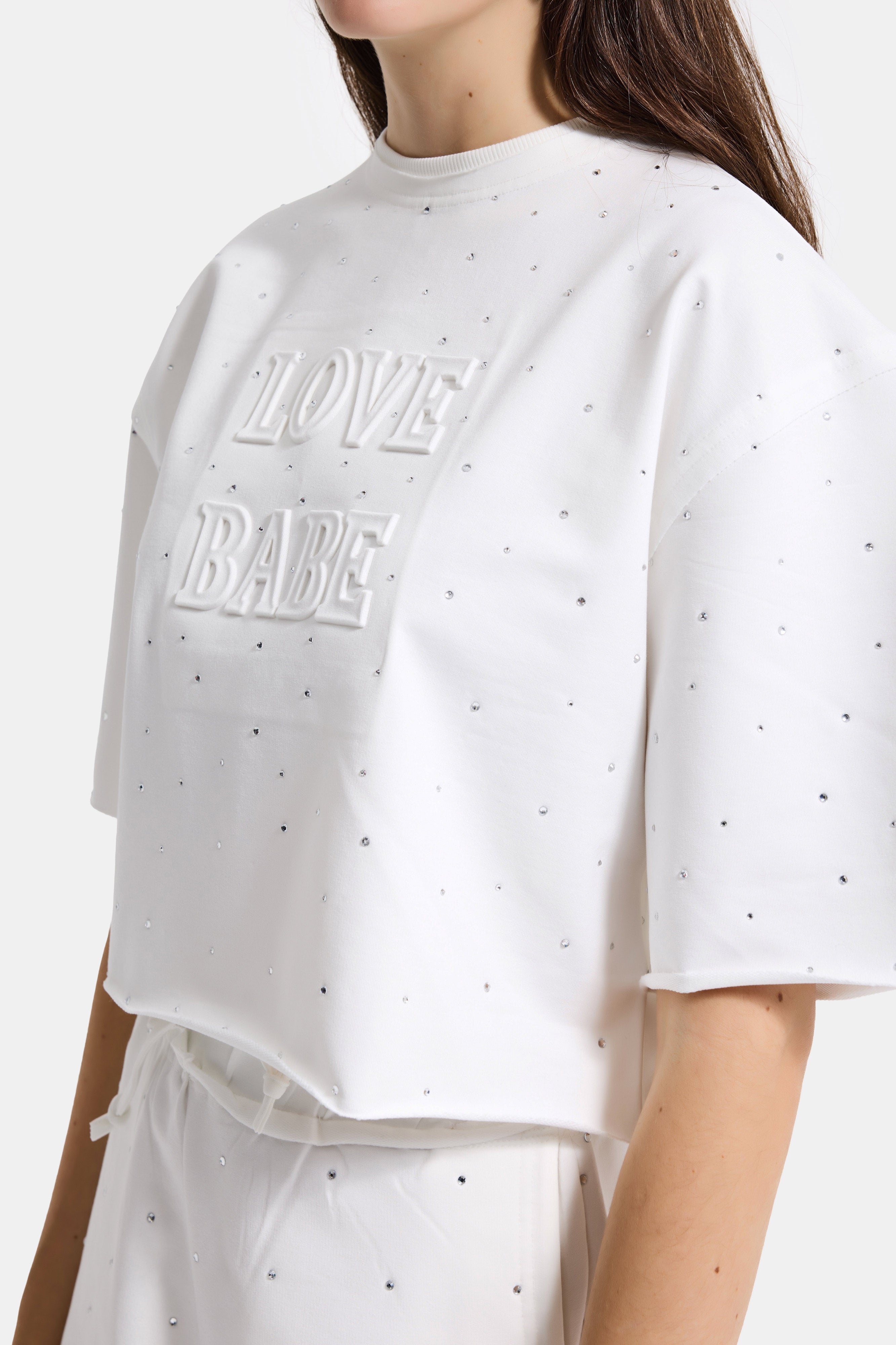 Kadın Beyaz T-s6-101 Crop Parlak Taşlı Özel Tasarım Örme T-Shirt