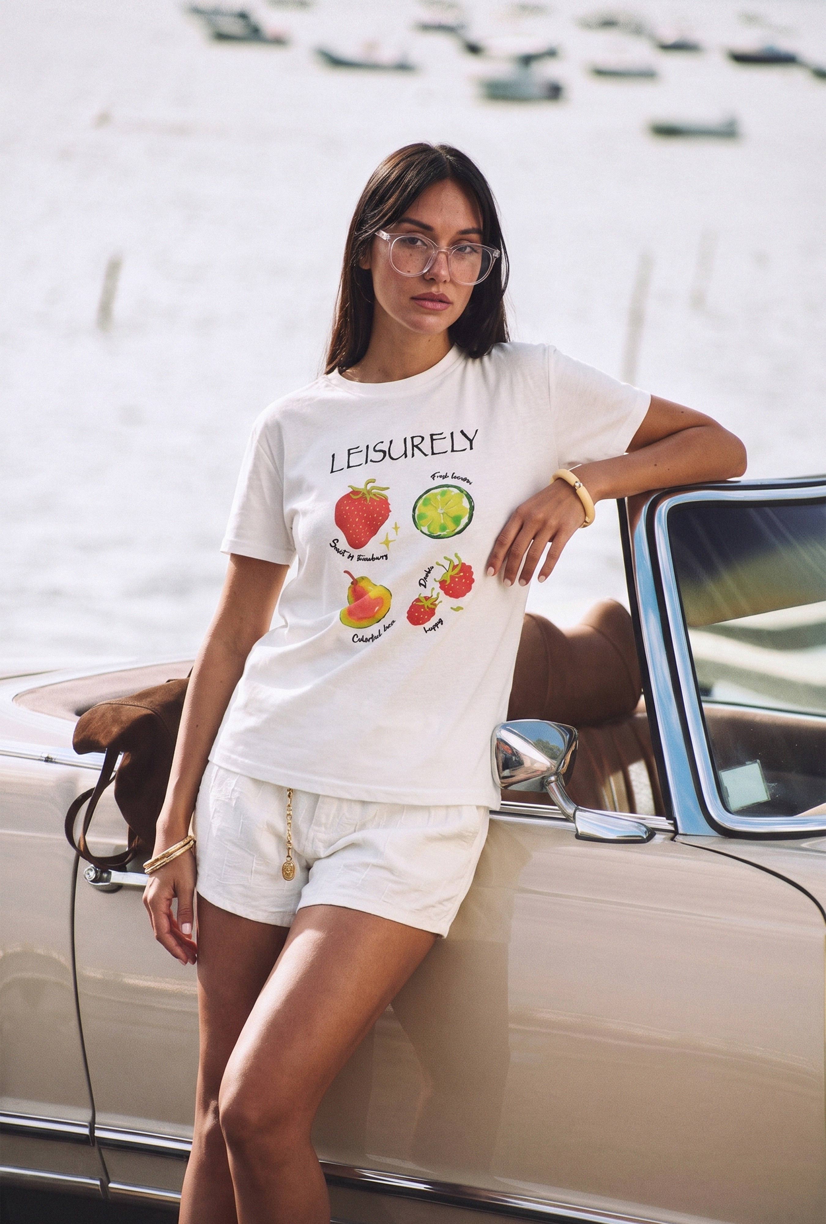 Women's White Fruit Print Loose Fit Design T-Shirt