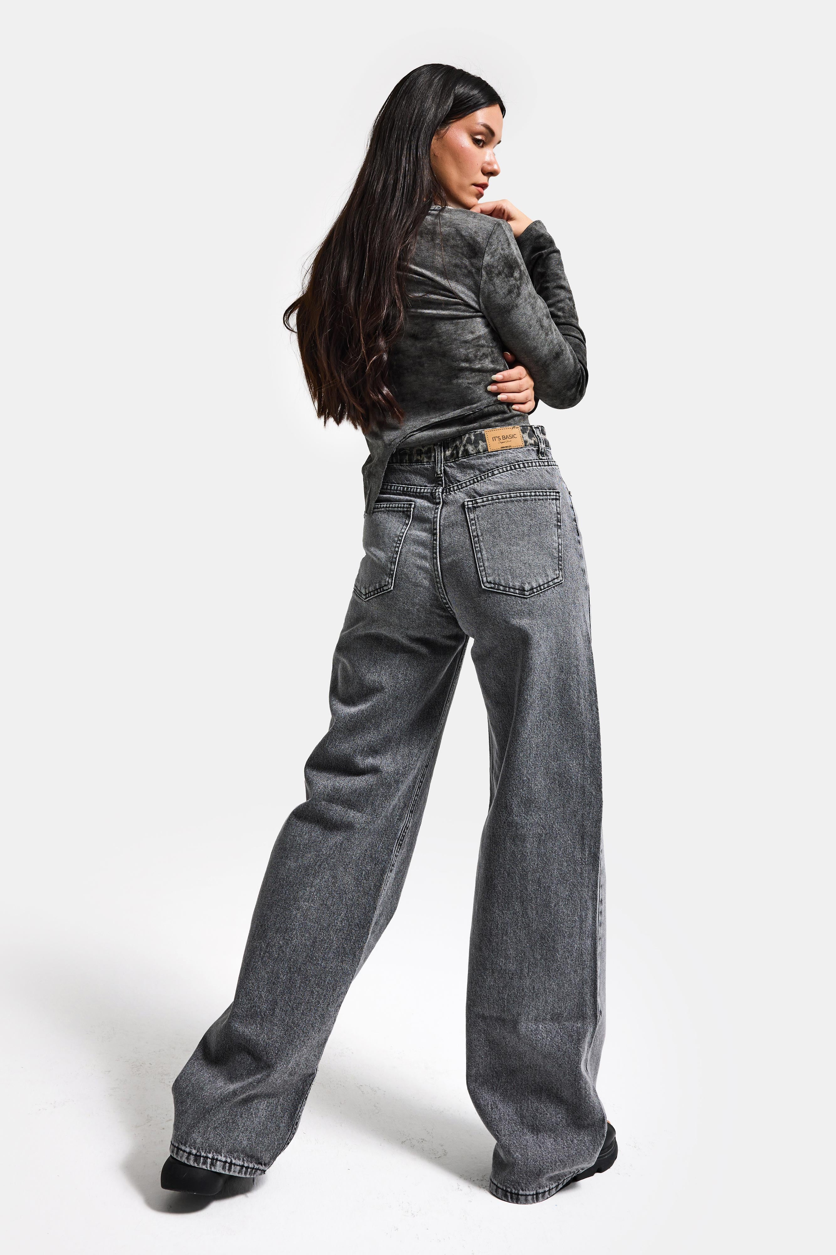 Kadın Füme Renk 4S513 Loose Fit Kemeri Leopar Desenli Denim Jean