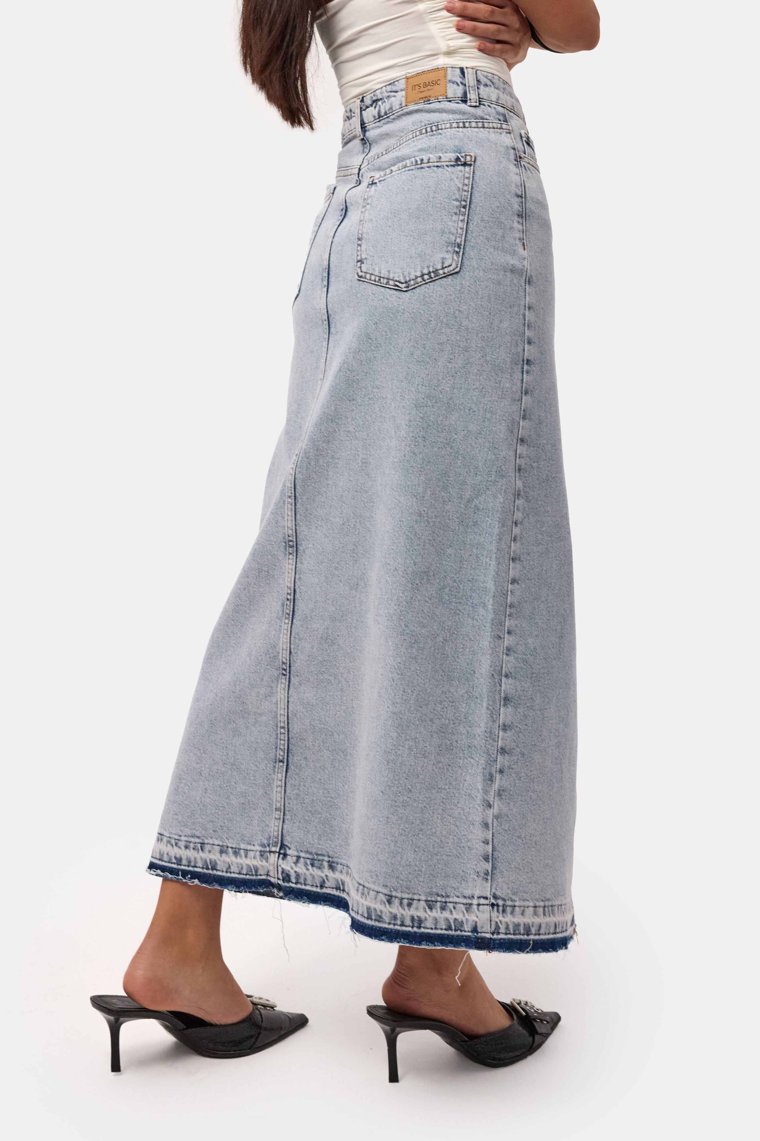 Kadın Snow Kot Rengi Derin Yırtmaçlı Yüksek Bel Uzun Denim Etek