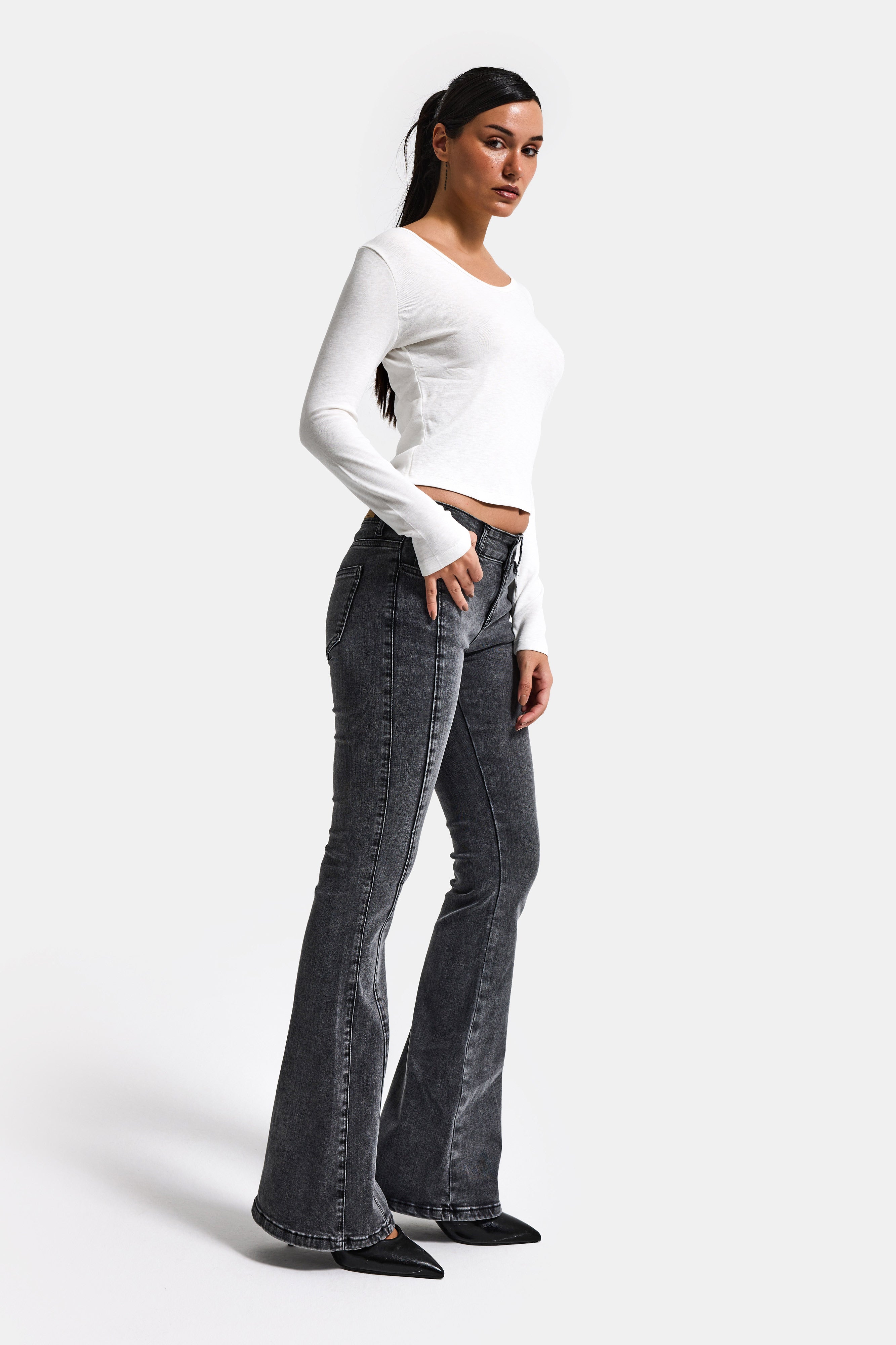 Kadın Antrasit 4s6-14 Mid Rise Flare Fit Kemer Detaylı Esnek Kumaş Denim Jean