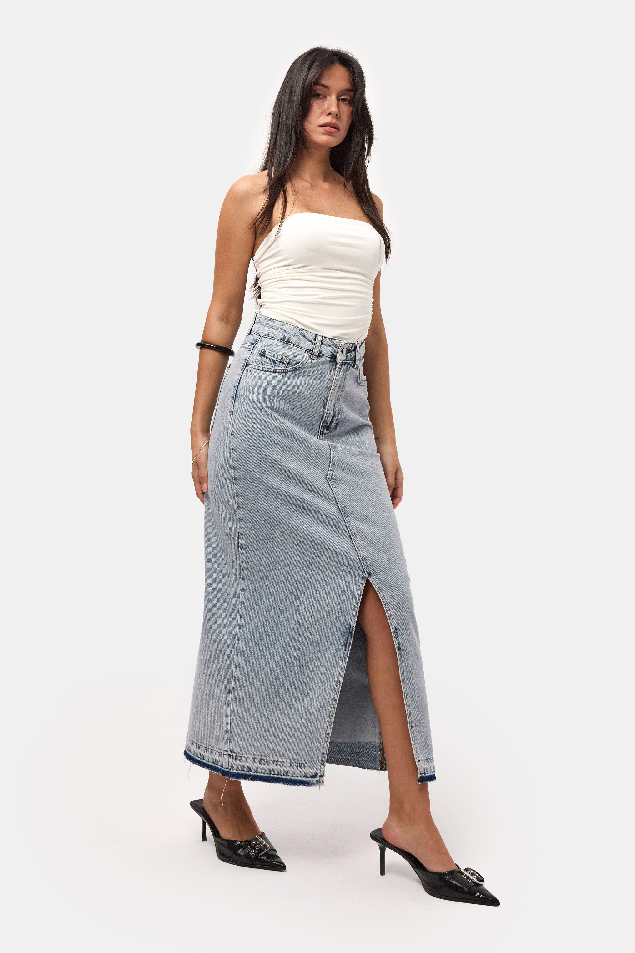 Kadın Snow Kot Rengi Derin Yırtmaçlı Yüksek Bel Uzun Denim Etek