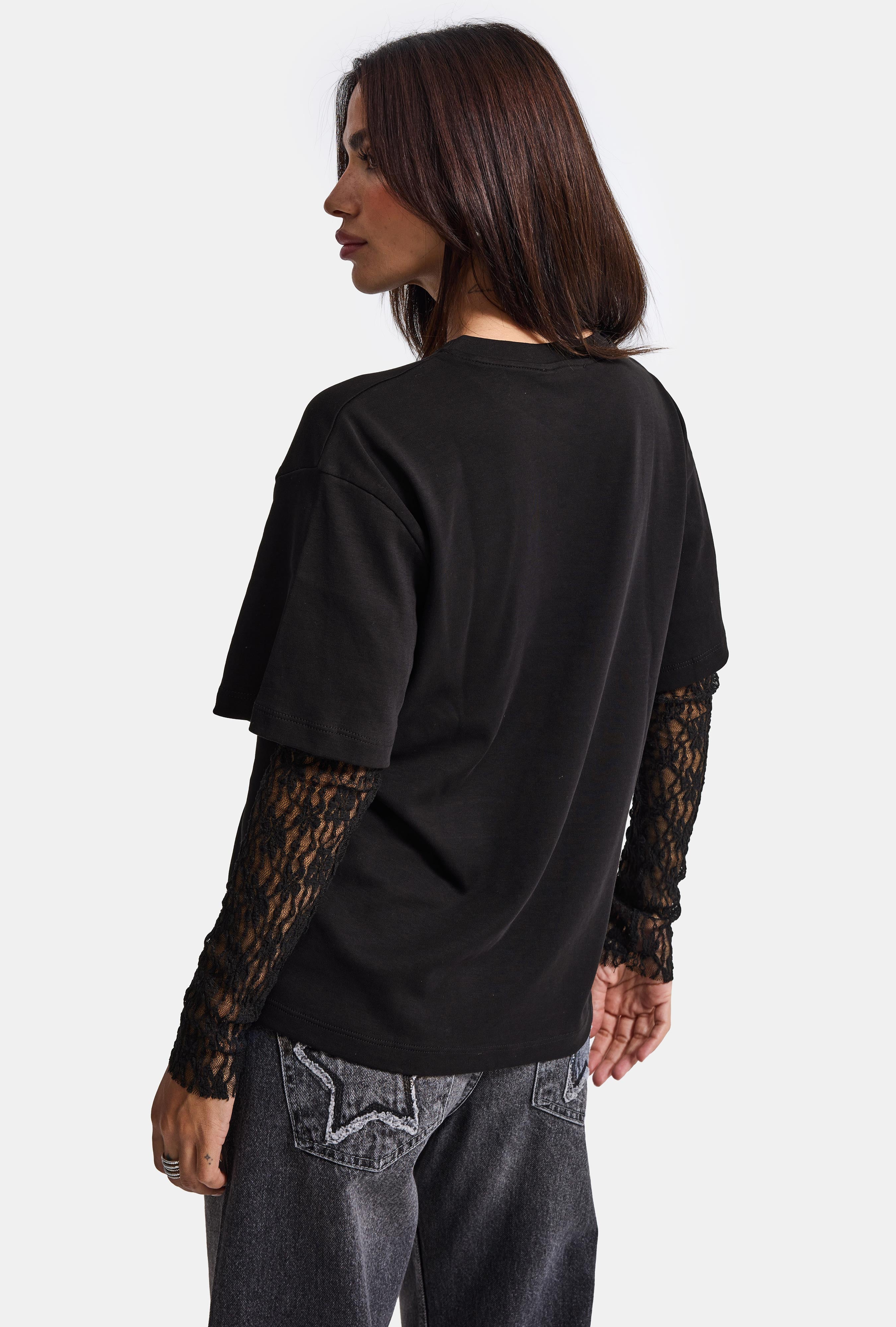 Kadın Siyah w6-1 Oversize Dantel Detaylı Uzun Kollu Tasarım T-Shirt