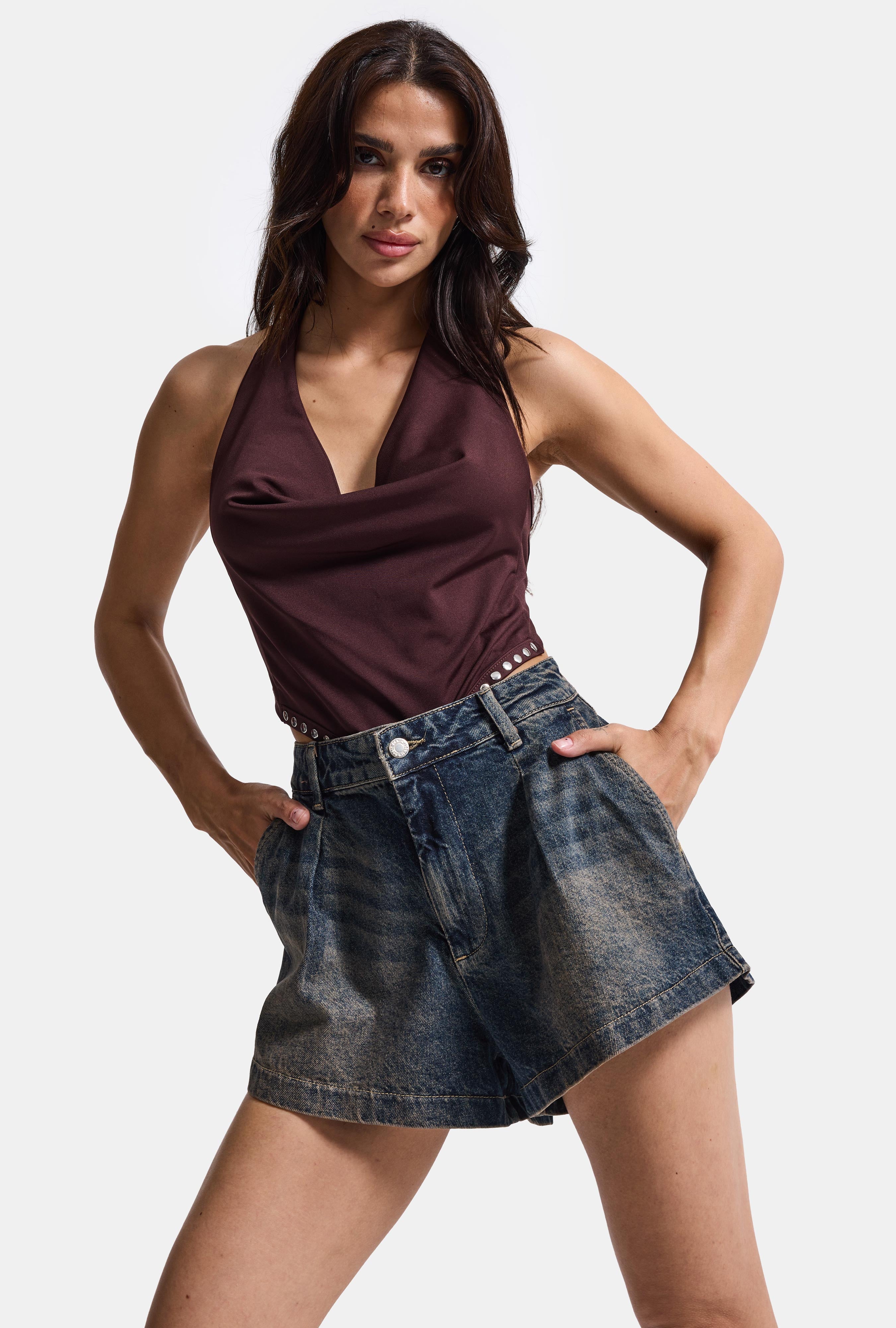 Women's Dark Blue Mini Pleated Denim Shorts