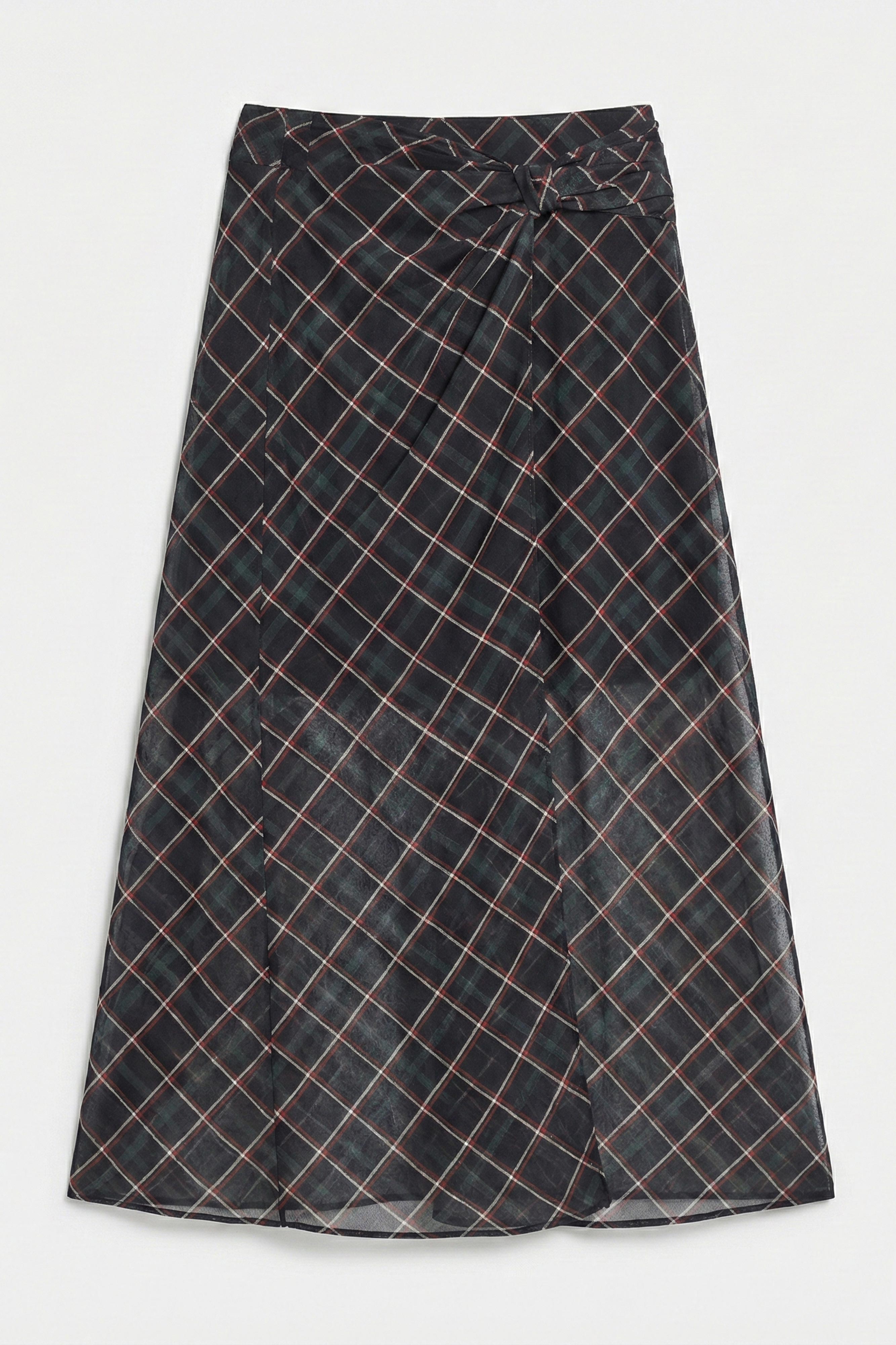 Kadın Koyu Ekose s6-1 Maxi Boy Kemer Detaylı Saten Etek