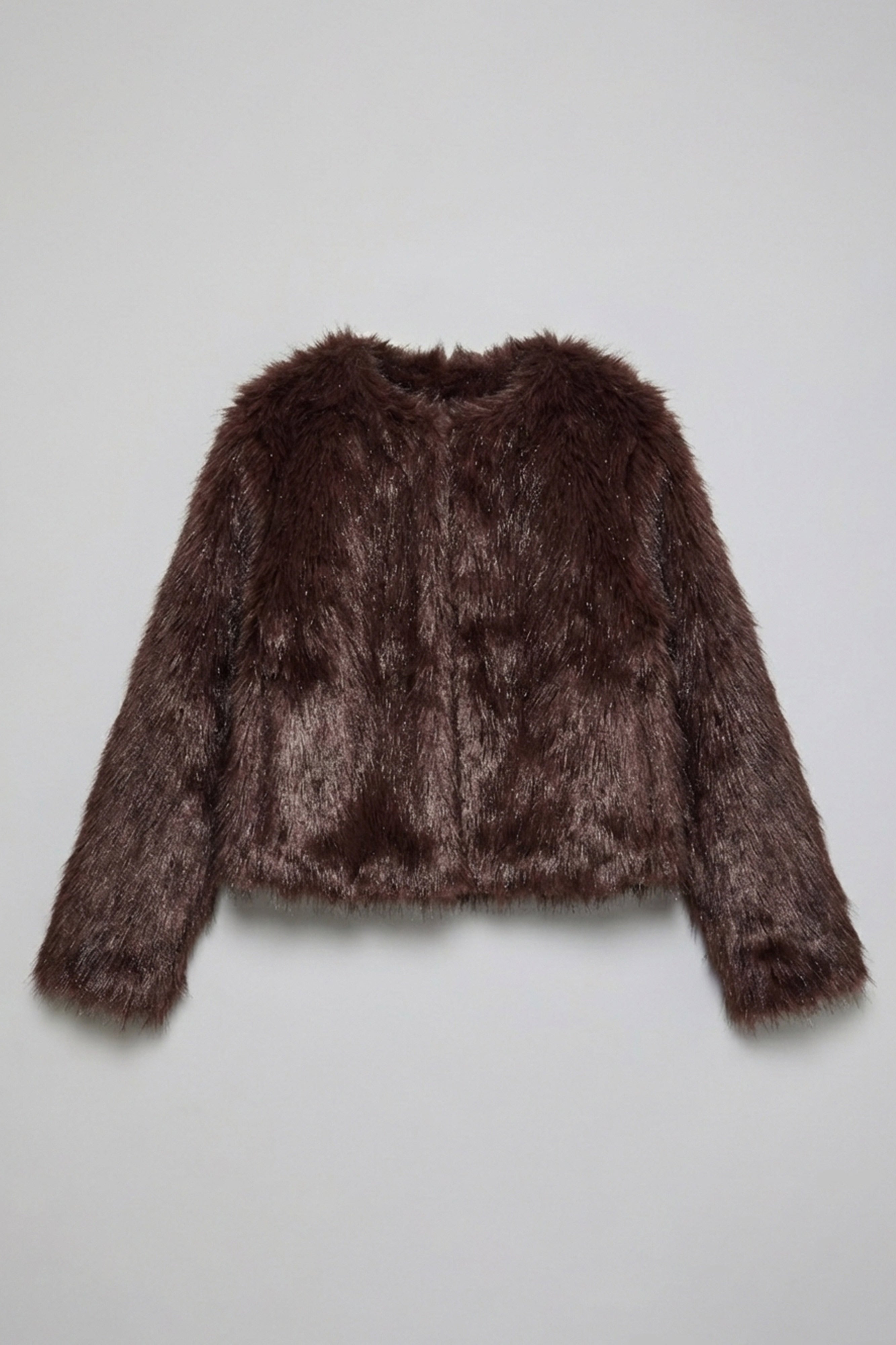 Kadın Koyu Kahve Crop Agraflı İçi Astarlı Peluşlu Kürk Mont