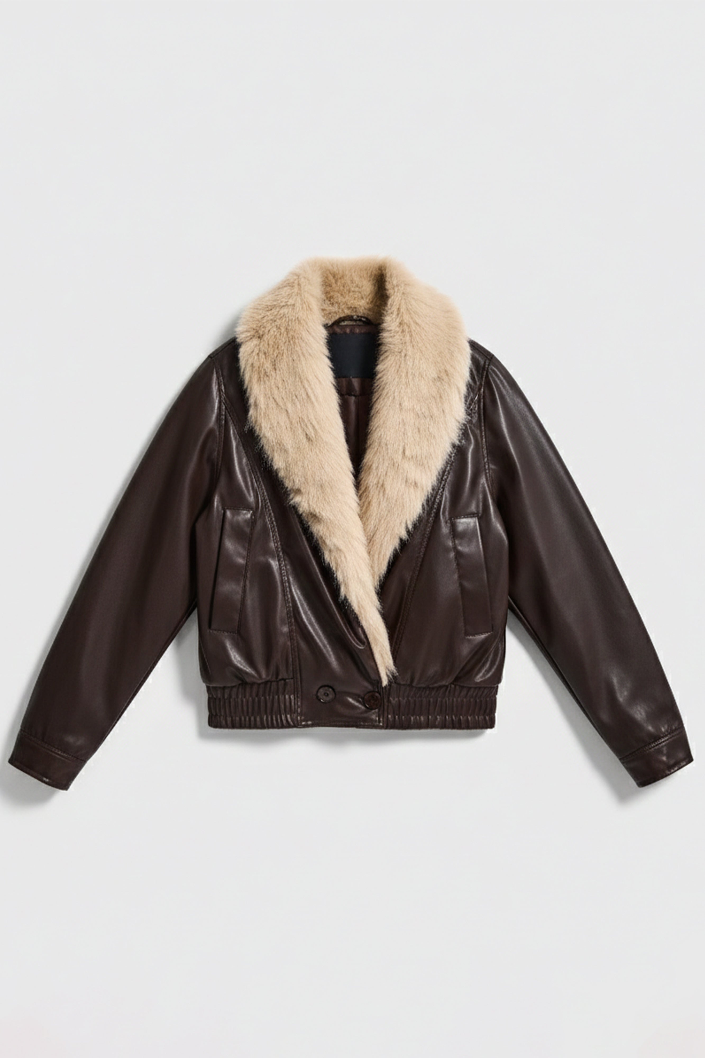 Kadın Koyu Kahve Kemer Boy Yakası Peluş İçi Astarlı Tasarım Suni Deri Mont