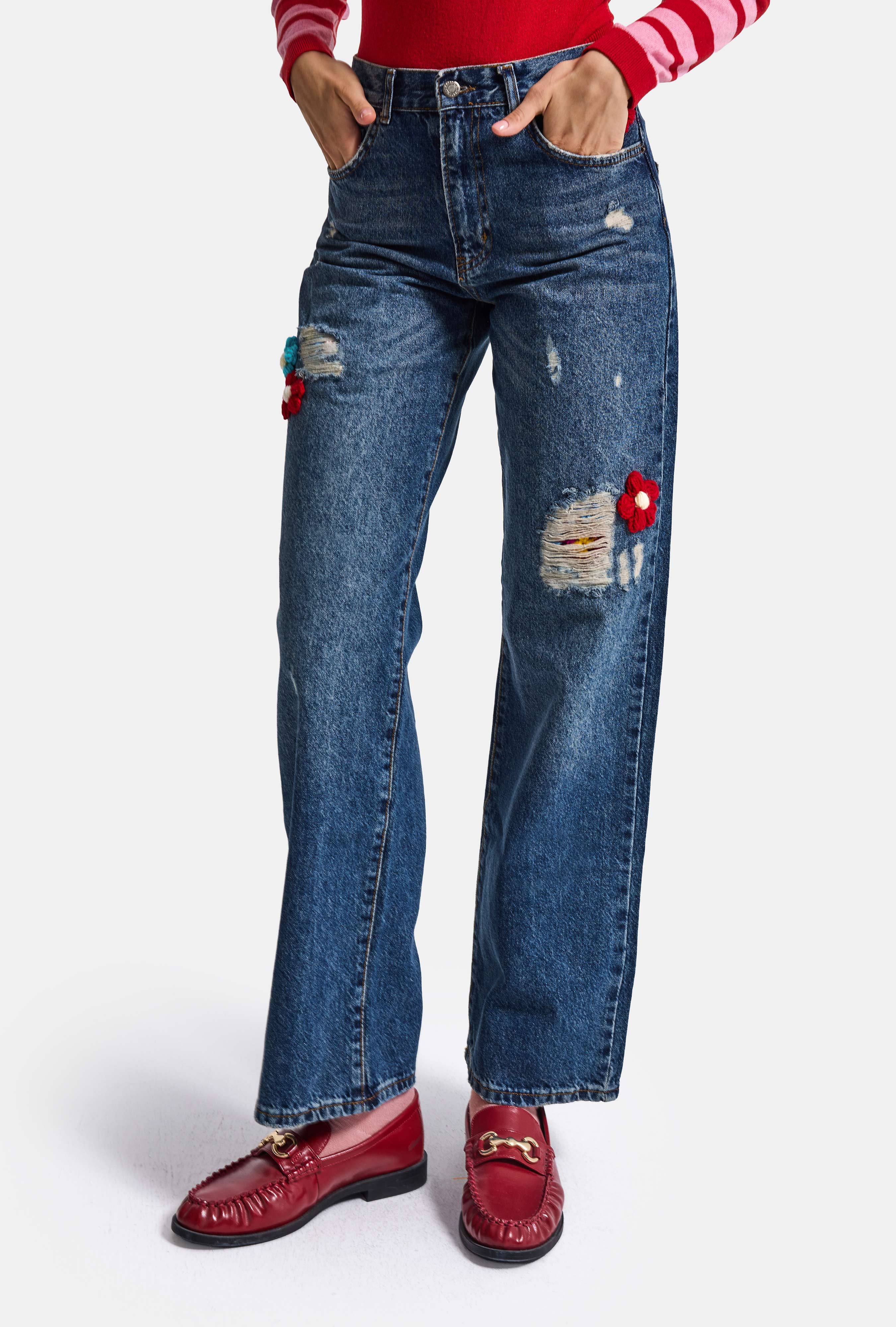 Kadın T.Kot Rengi Etnik Gül Desenli Loose Fit Tasarım Denim Jean
