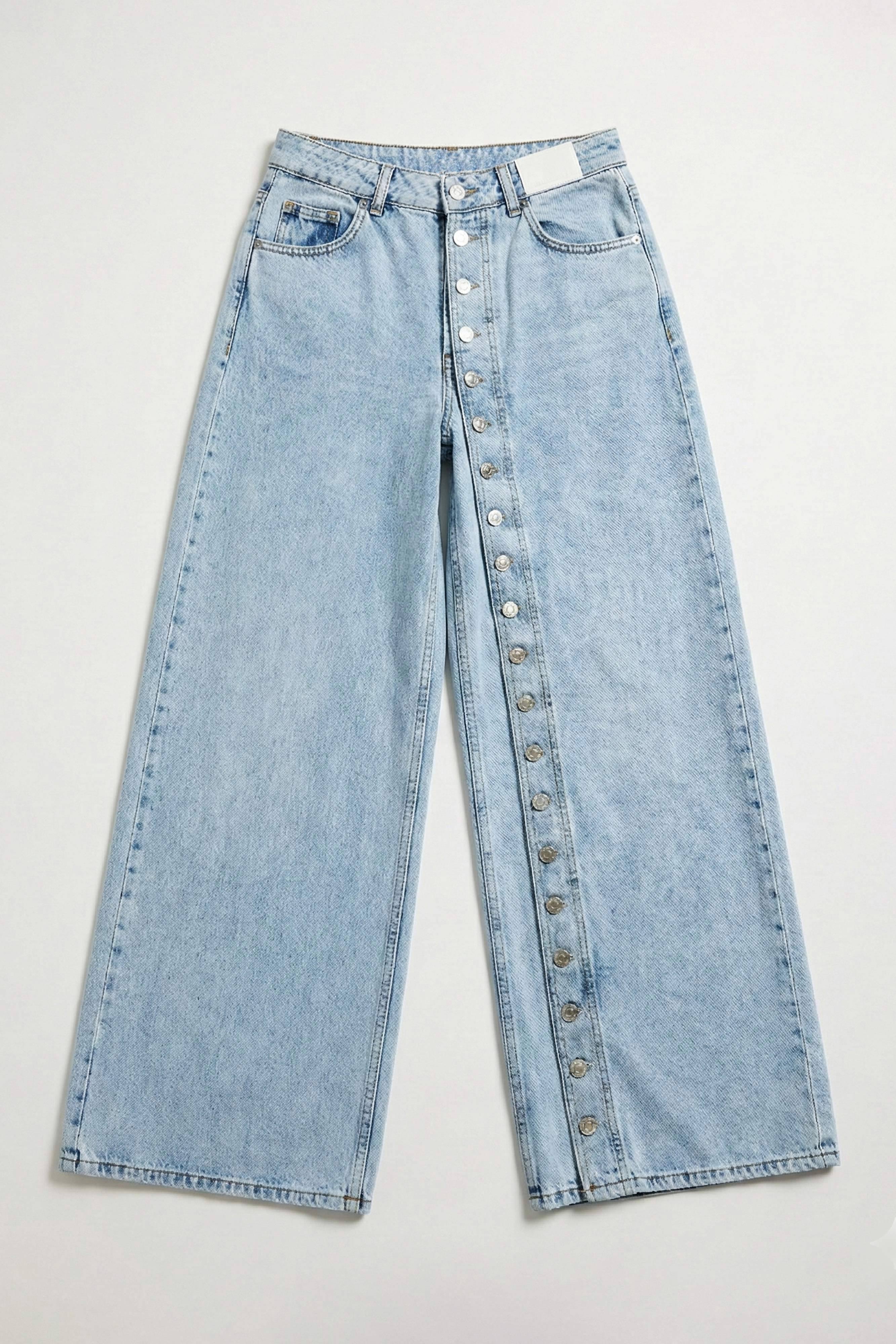 Kadın Kot Rengi Palazzo Fit Ful Düğme Yırtmaçlı Özel Tasarım Denim Jean