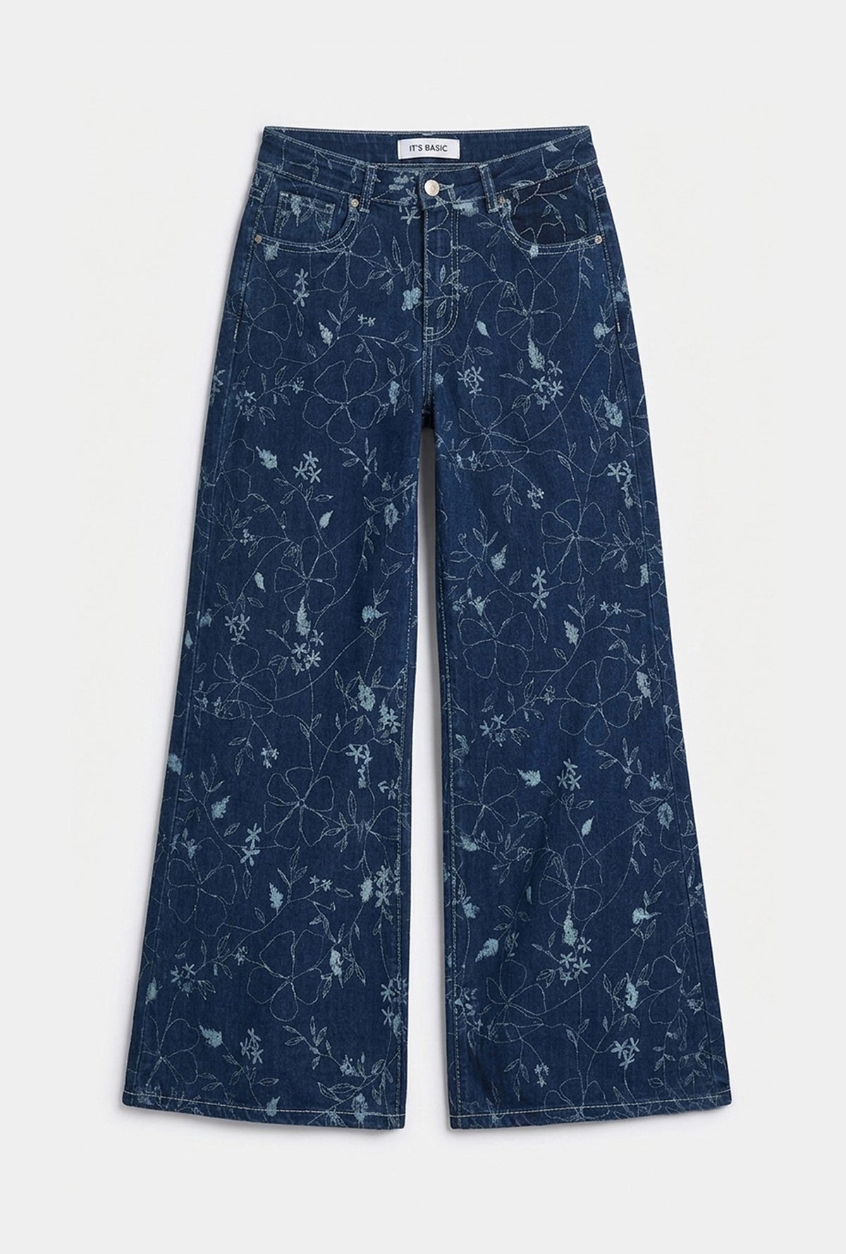 Women's Blue 1w6-5 Palazzo Fit Custom Floral Print Fabric Design Denim Jeans
