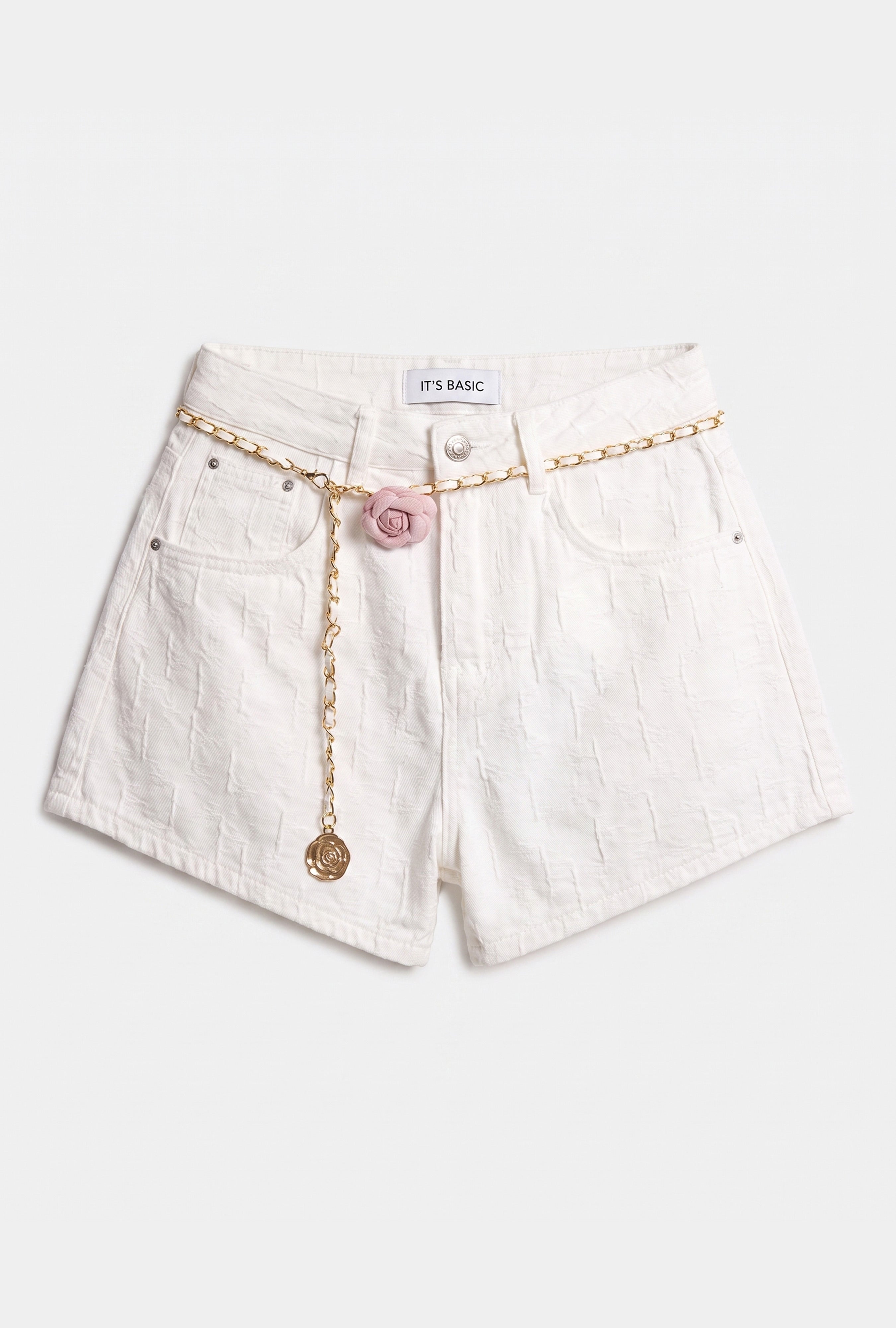 Kadın Ekru Özel Kumaş Güllü Kemerli Tasarım Mini Denim Şort