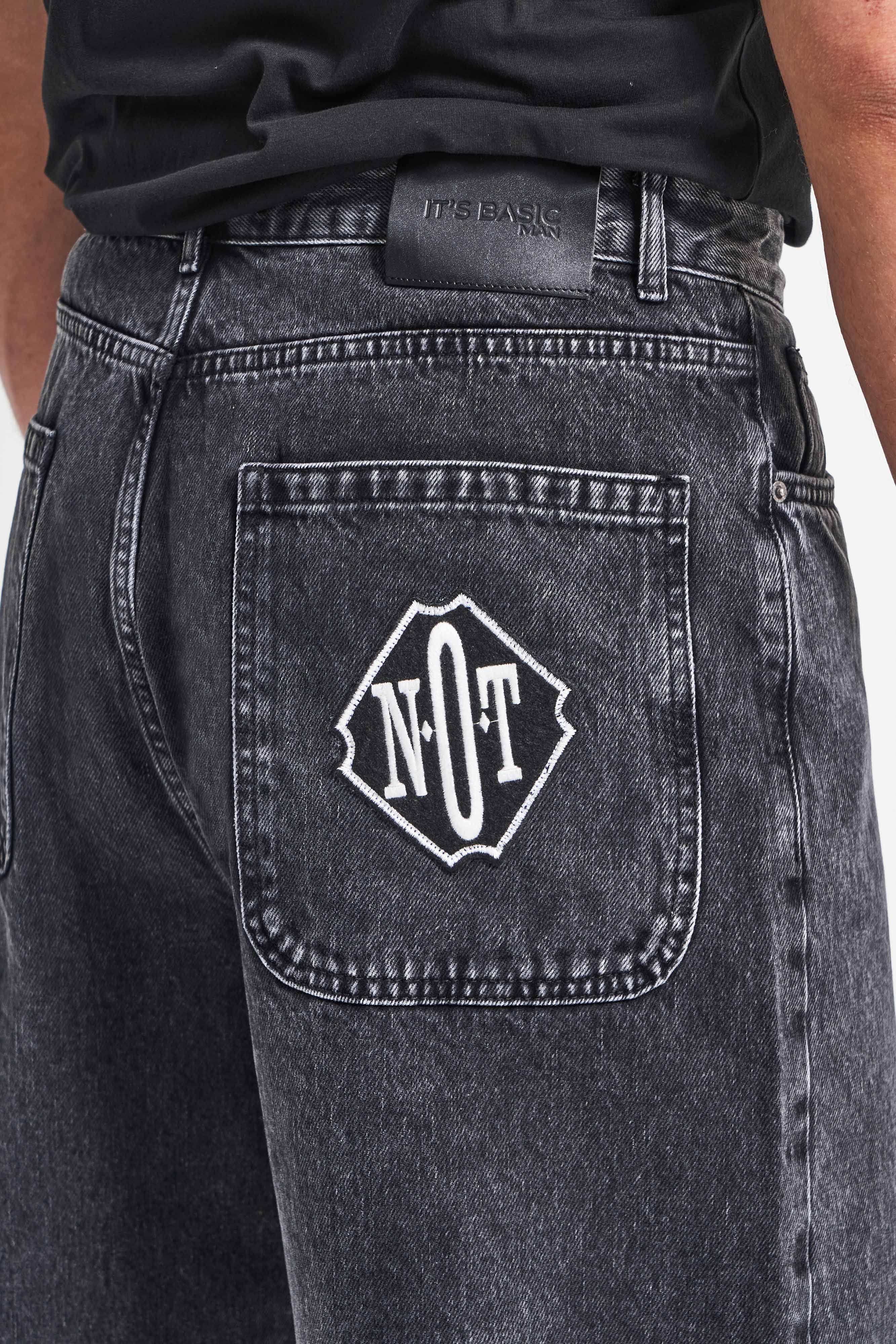 Erkek Füme Renk 3w5-14 Loose Baggy Fit Bol Kesim Cep Nakış Detaylı Denim Jean