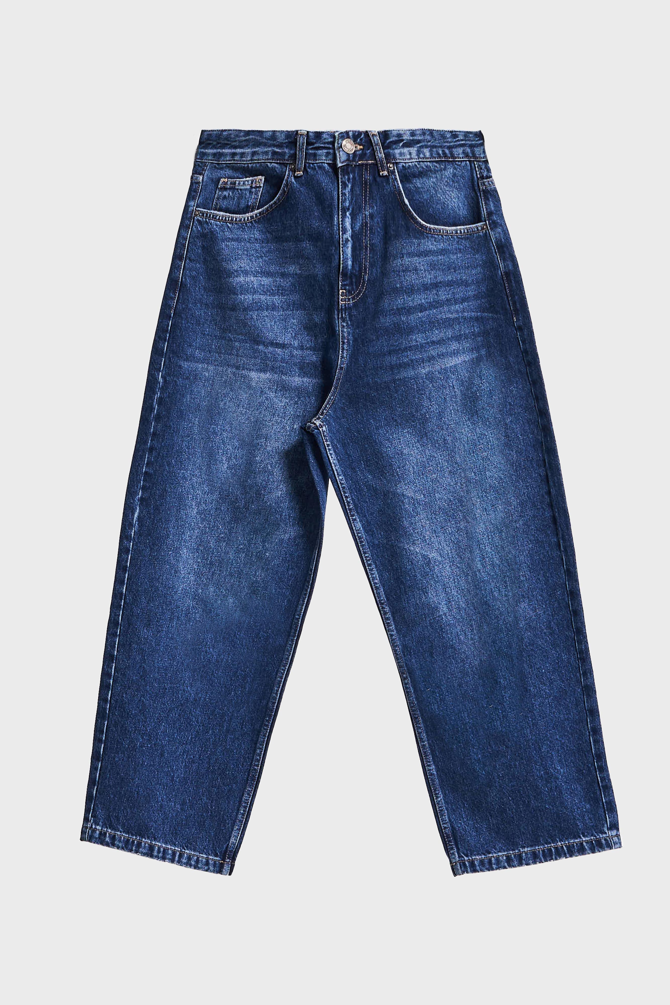 Erkek Koyu Mavi Renk 3w5-5 Loose Baggy Fit Bol Kesim Cep Nakış Detaylı Denim Jean